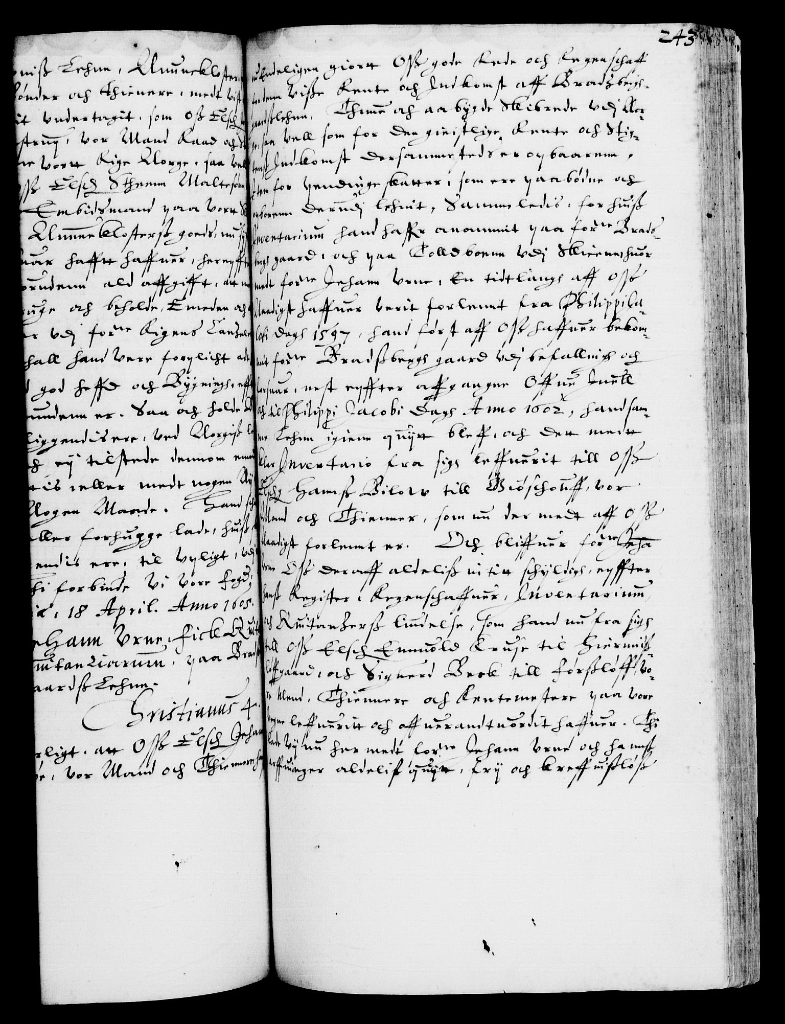 Danske Kanselli 1572-1799, AV/RA-EA-3023/F/Fc/Fca/Fcaa/L0003: Norske registre (mikrofilm), 1596-1616, p. 243a