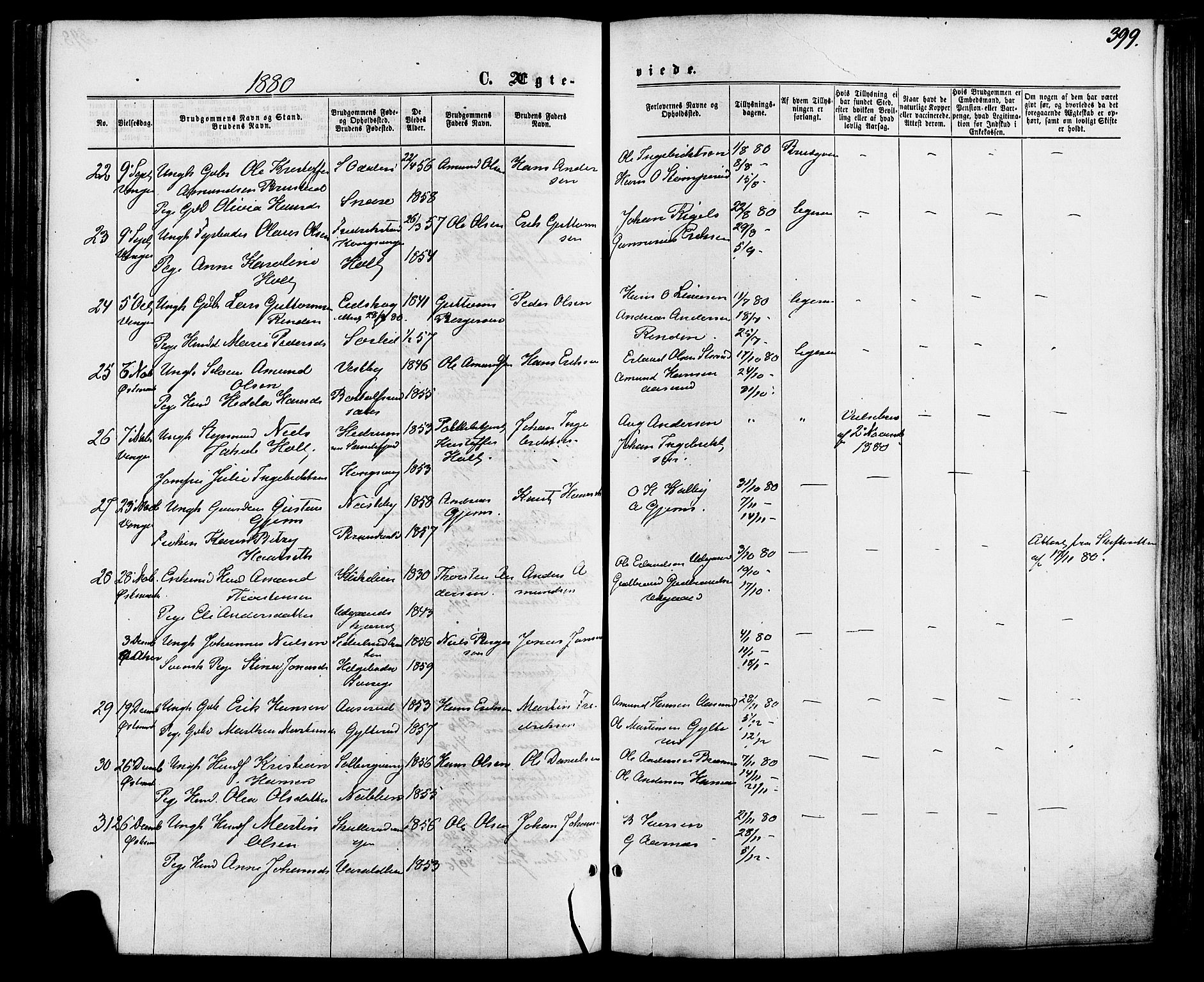 Vinger prestekontor, AV/SAH-PREST-024/H/Ha/Haa/L0012: Parish register (official) no. 12, 1871-1880, p. 399