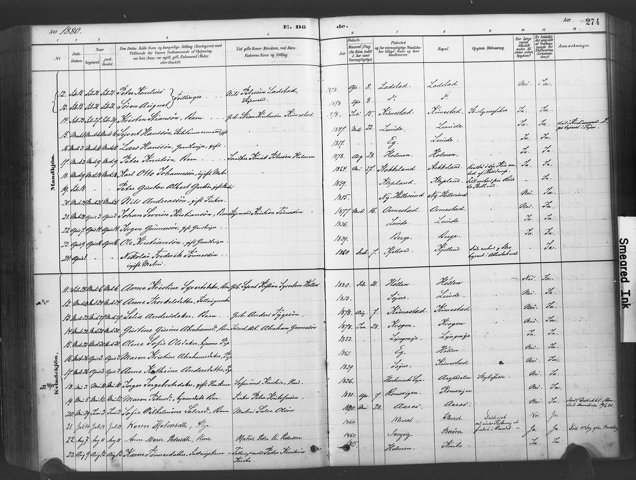 Søgne sokneprestkontor, SAK/1111-0037/F/Fa/Fab/L0012: Parish register (official) no. A 12, 1880-1891, p. 274