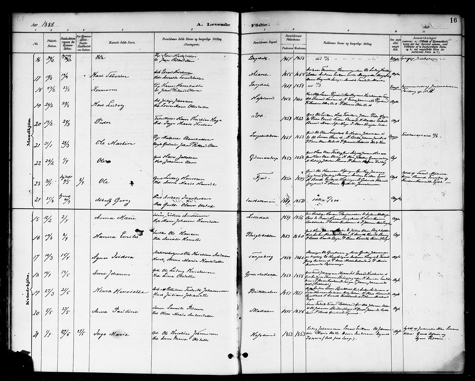 Skjeberg prestekontor Kirkebøker, AV/SAO-A-10923/F/Fa/L0009: Parish register (official) no. I 9, 1886-1897, p. 16