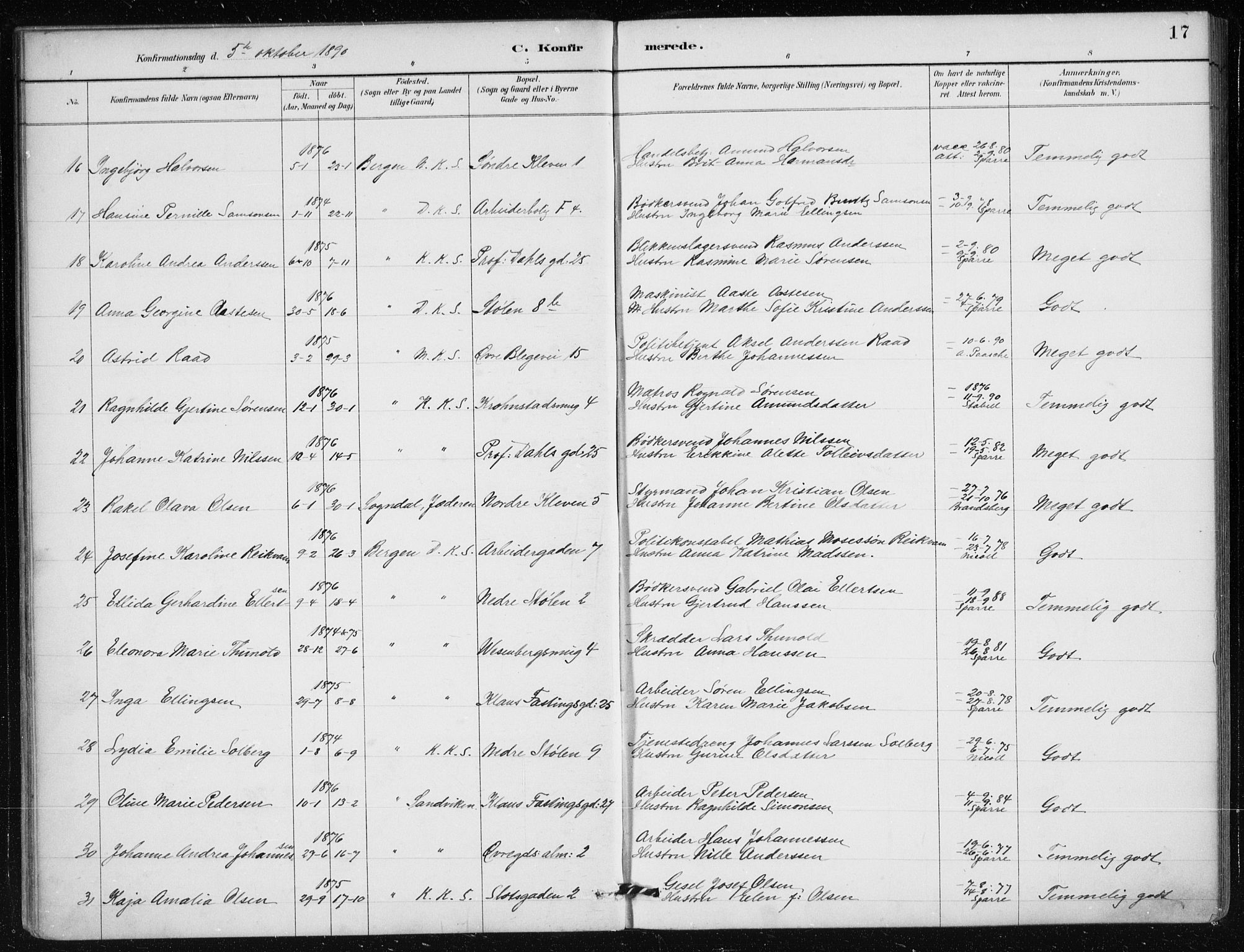 Mariakirken Sokneprestembete, AV/SAB-A-76901/H/Haa/L0013: Parish register (official) no. C 1, 1889-1900, p. 17