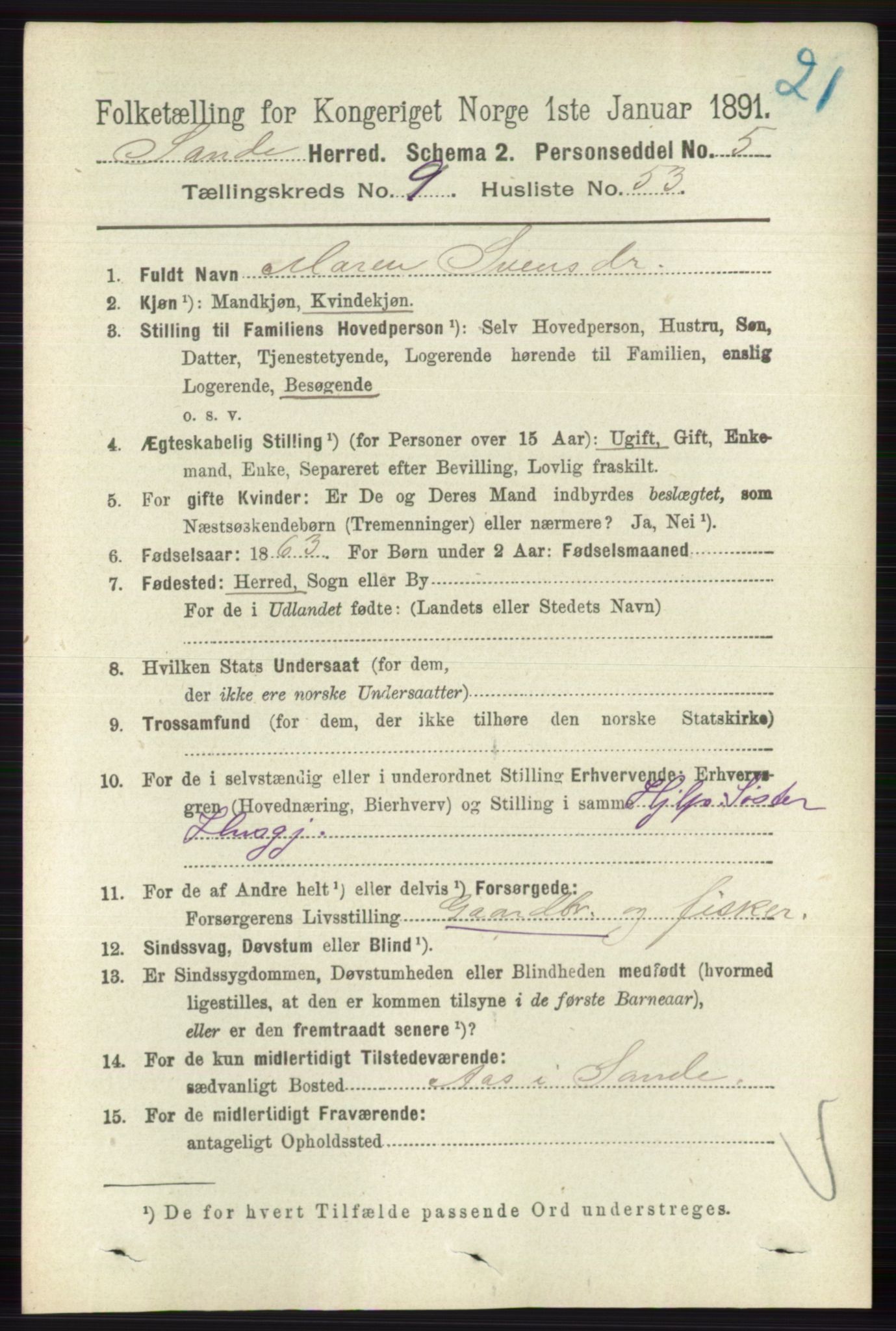 RA, 1891 census for 0713 Sande, 1891, p. 4235