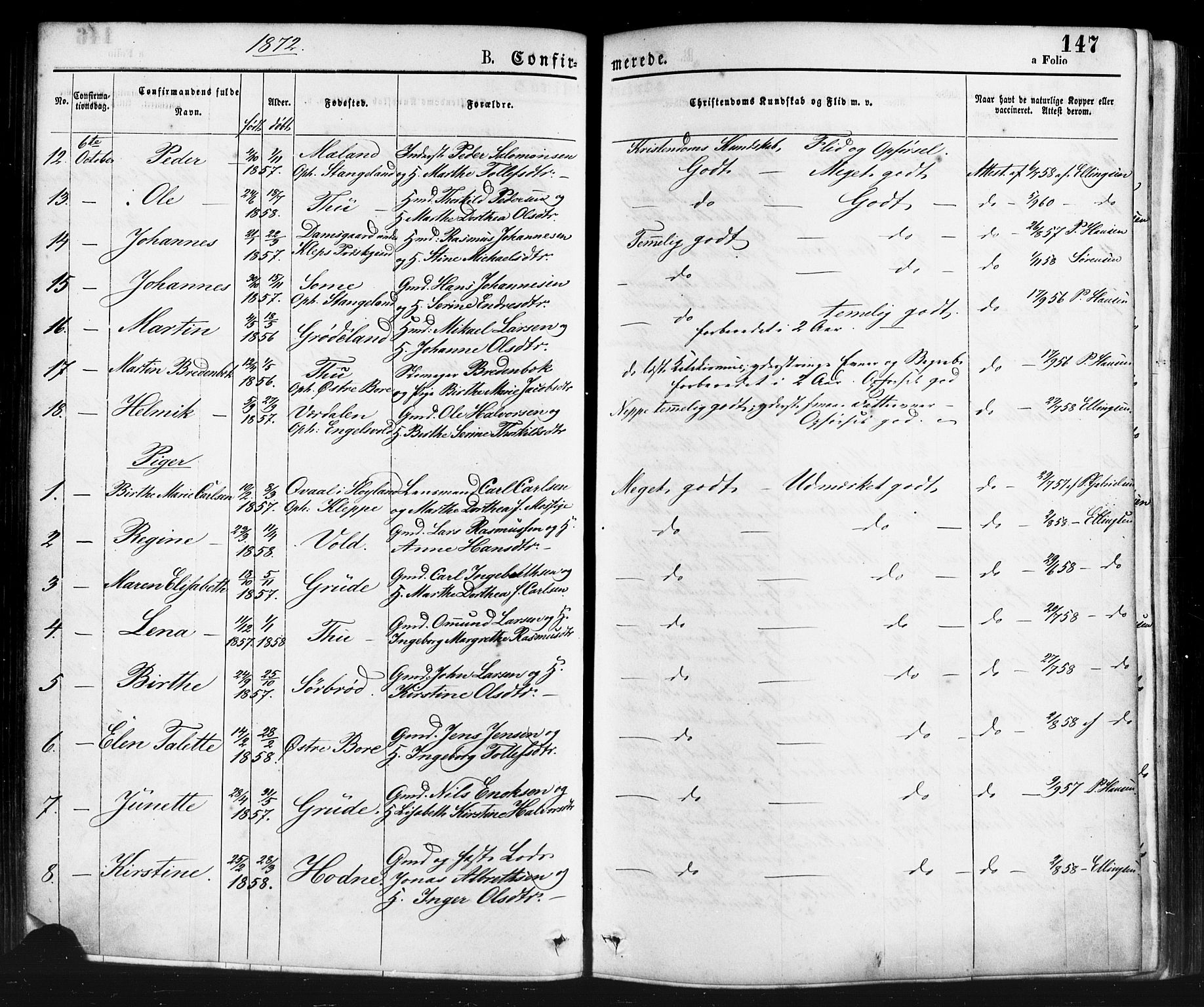 Klepp sokneprestkontor, AV/SAST-A-101803/001/3/30BA/L0006: Parish register (official) no. A 6, 1871-1885, p. 147