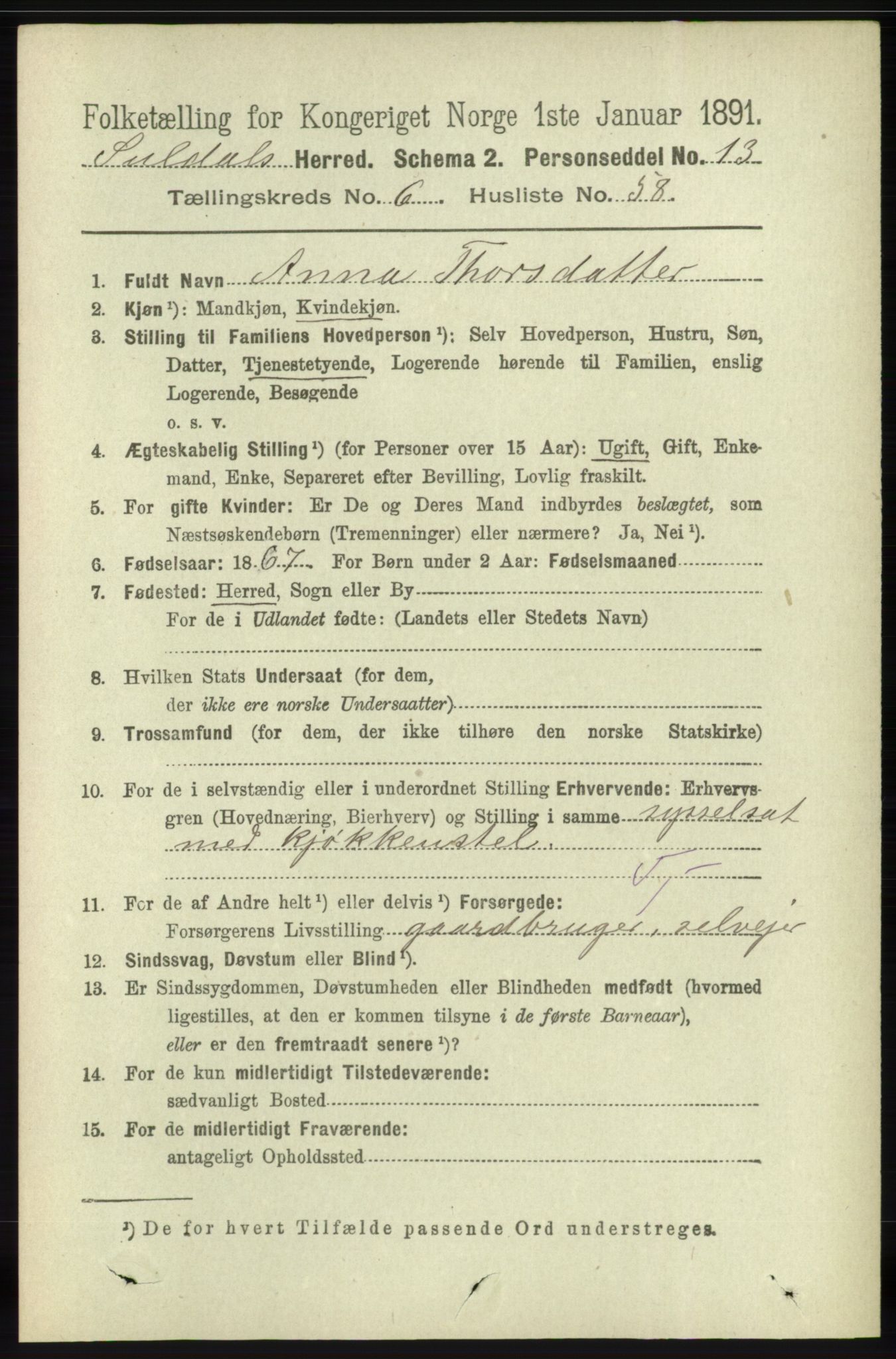 RA, 1891 census for 1134 Suldal, 1891, p. 1931