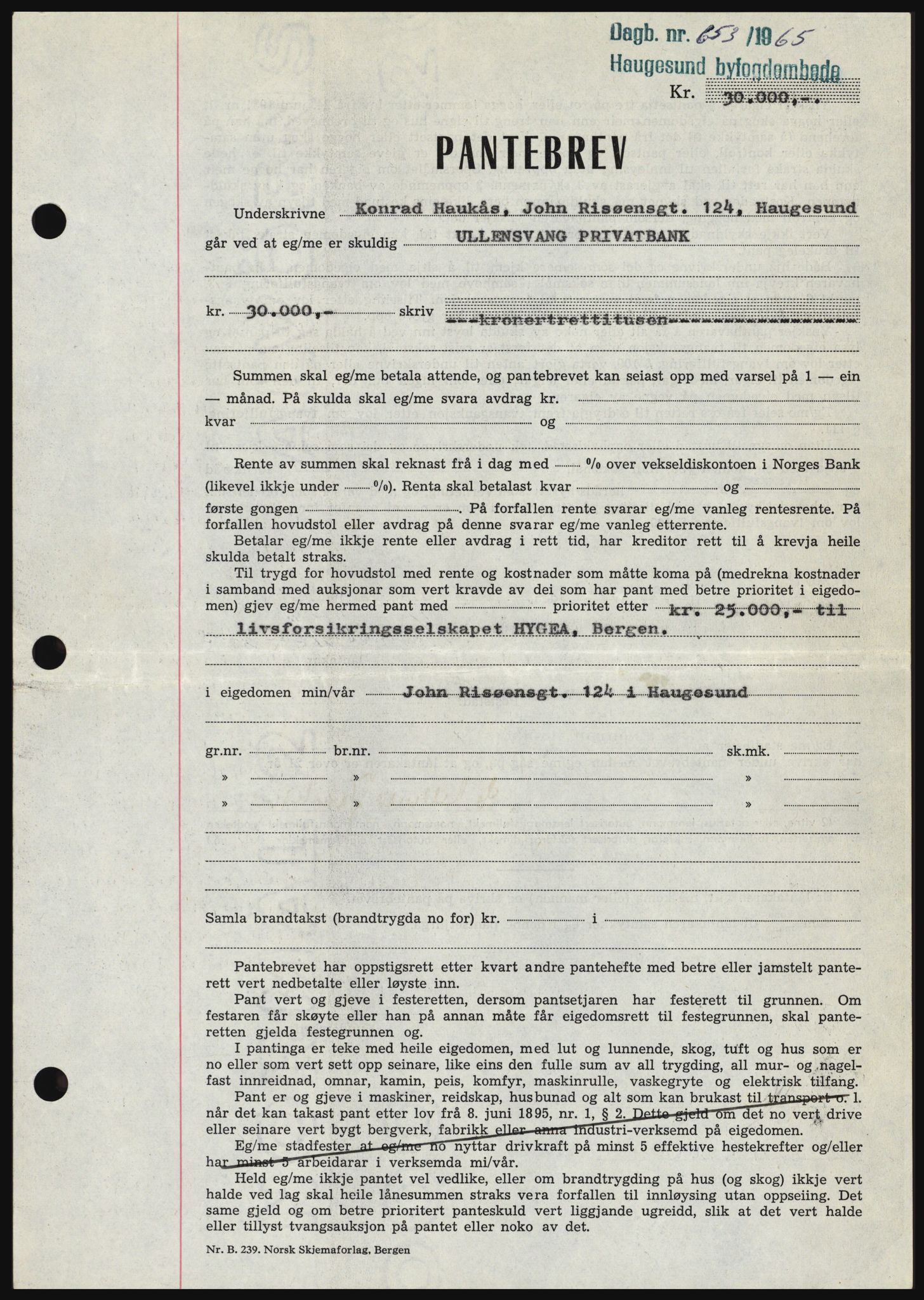 Haugesund tingrett, SAST/A-101415/01/II/IIC/L0053: Mortgage book no. B 53, 1965-1965, Diary no: : 653/1965
