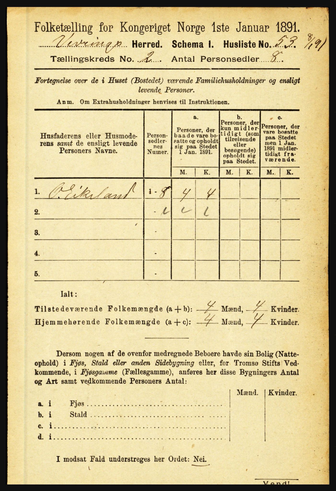 RA, 1891 census for 1434 Vevring, 1891, p. 423