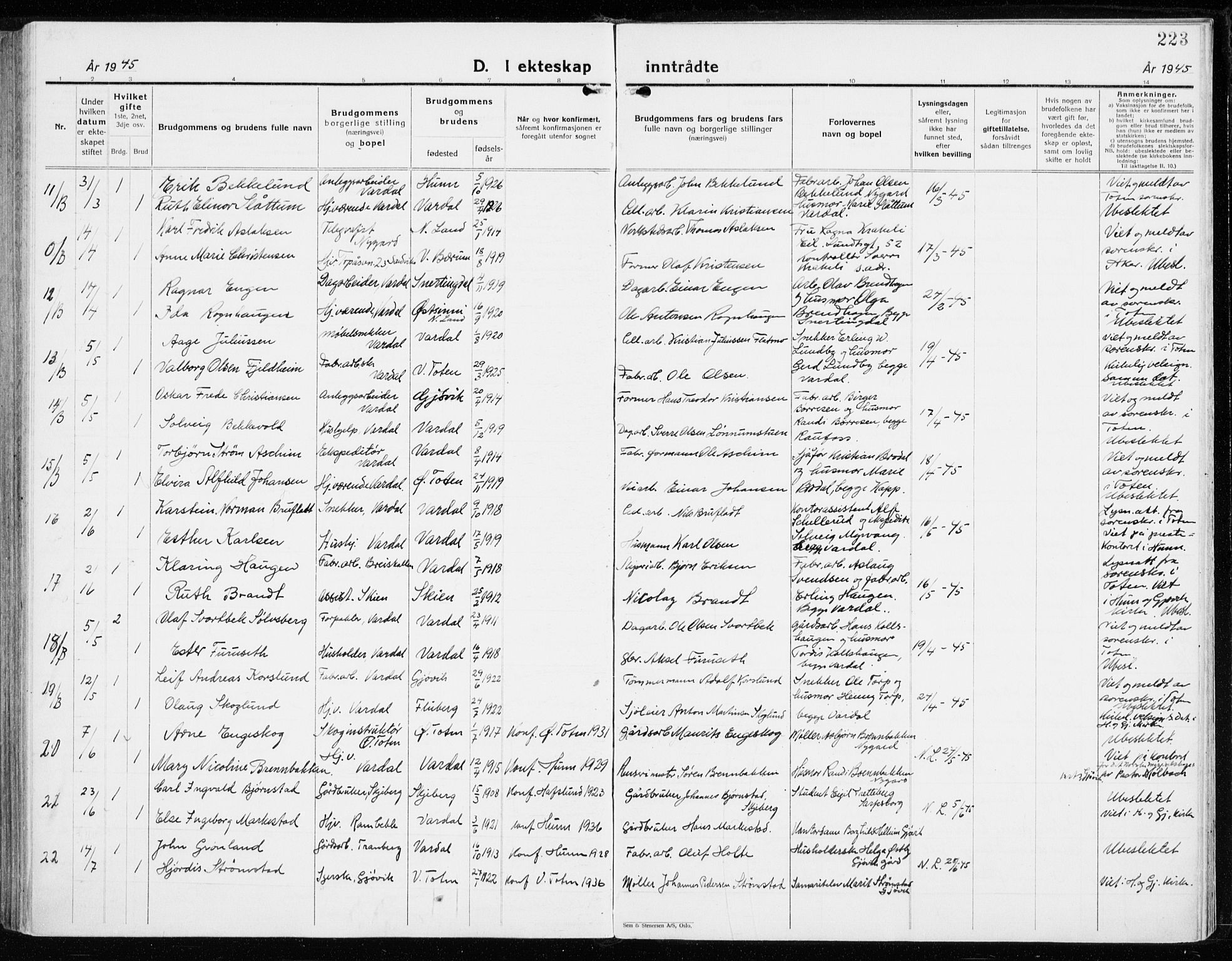 Vardal prestekontor, SAH/PREST-100/H/Ha/Haa/L0018: Parish register (official) no. 18, 1930-1945, p. 223