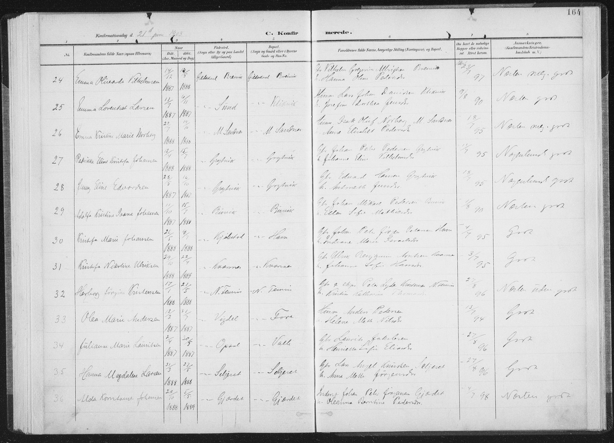 Ministerialprotokoller, klokkerbøker og fødselsregistre - Nordland, AV/SAT-A-1459/805/L0102: Parish register (official) no. 805A08I, 1900-1909, p. 164