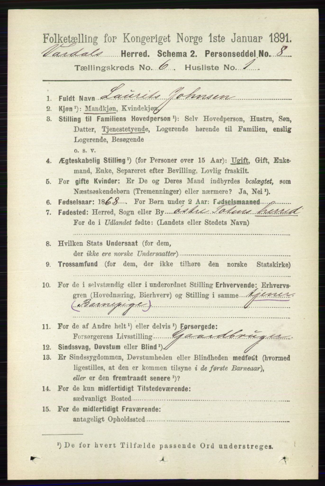 RA, 1891 census for 0527 Vardal, 1891, p. 2381