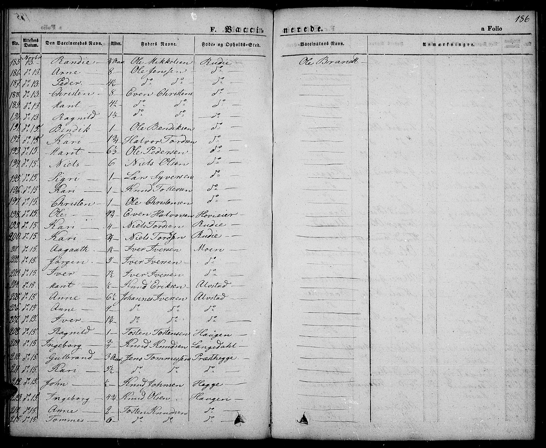 Slidre prestekontor, AV/SAH-PREST-134/H/Ha/Haa/L0003: Parish register (official) no. 3, 1831-1843, p. 186