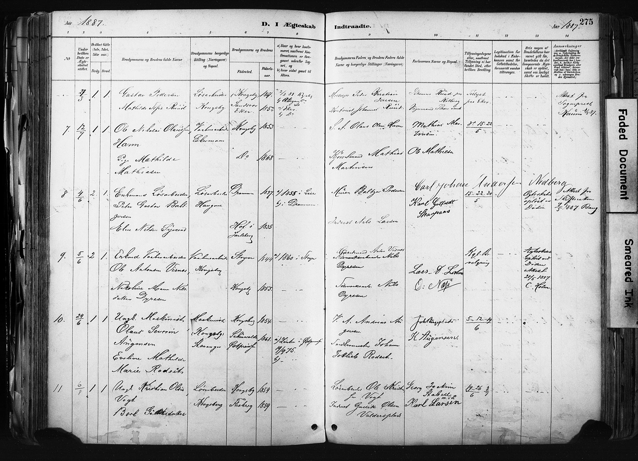 Kongsberg kirkebøker, SAKO/A-22/F/Fb/L0002: Parish register (official) no. II 2, 1886-1896, p. 275
