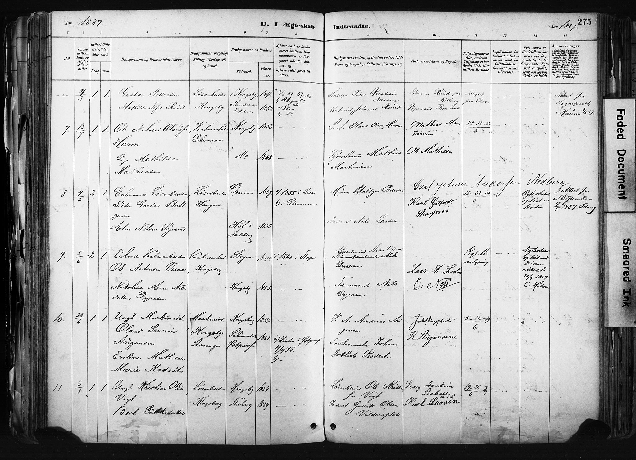 Kongsberg kirkebøker, AV/SAKO-A-22/F/Fb/L0002: Parish register (official) no. II 2, 1886-1896, p. 275