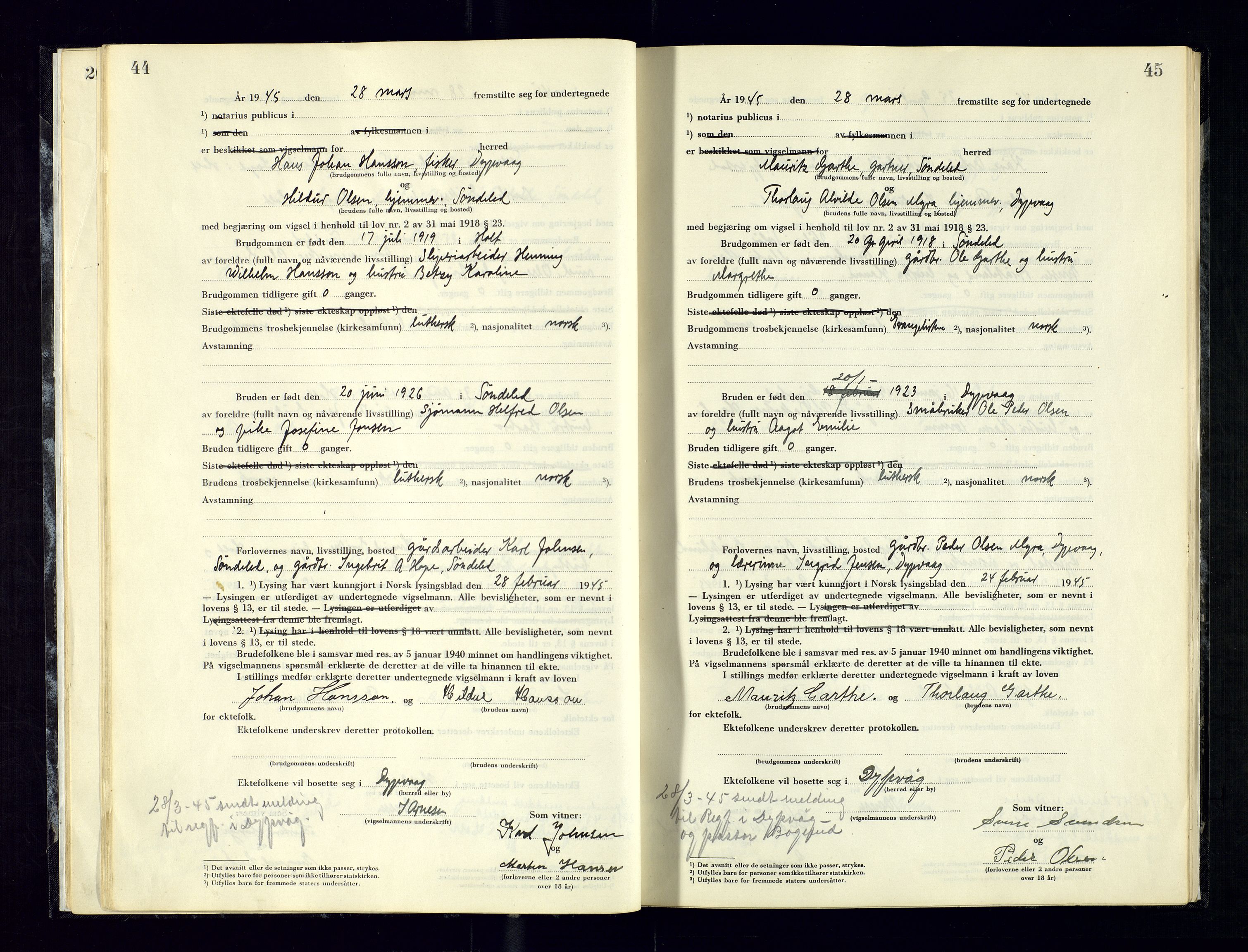 Holt sorenskriveri, AV/SAK-1221-0002/L/Ld/L0003: Vigselbok nr. 2, 1944-1964, p. 44-45