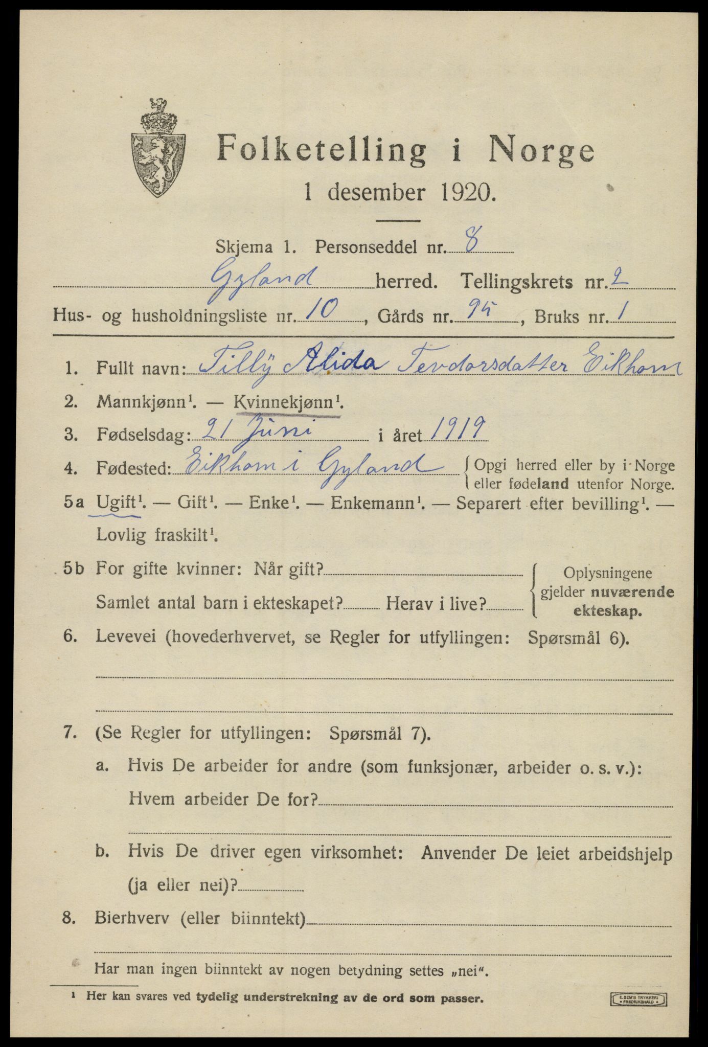 SAK, 1920 census for Gyland, 1920, p. 844