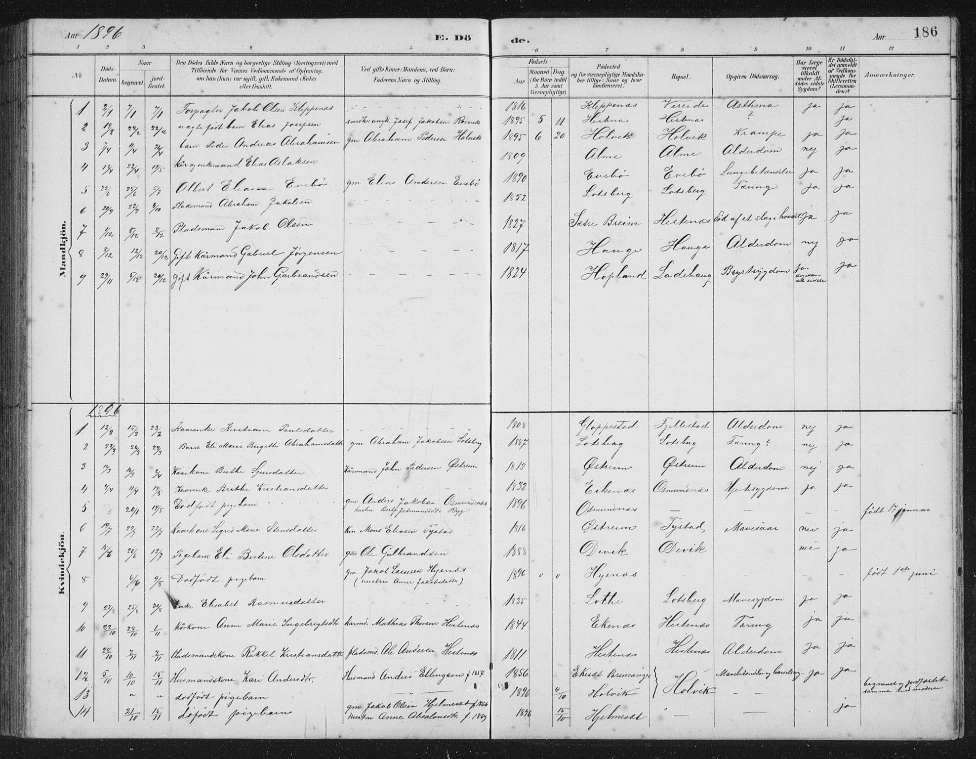 Gloppen sokneprestembete, SAB/A-80101/H/Hab/Habb/L0002: Parish register (copy) no. B 2, 1889-1909, p. 186