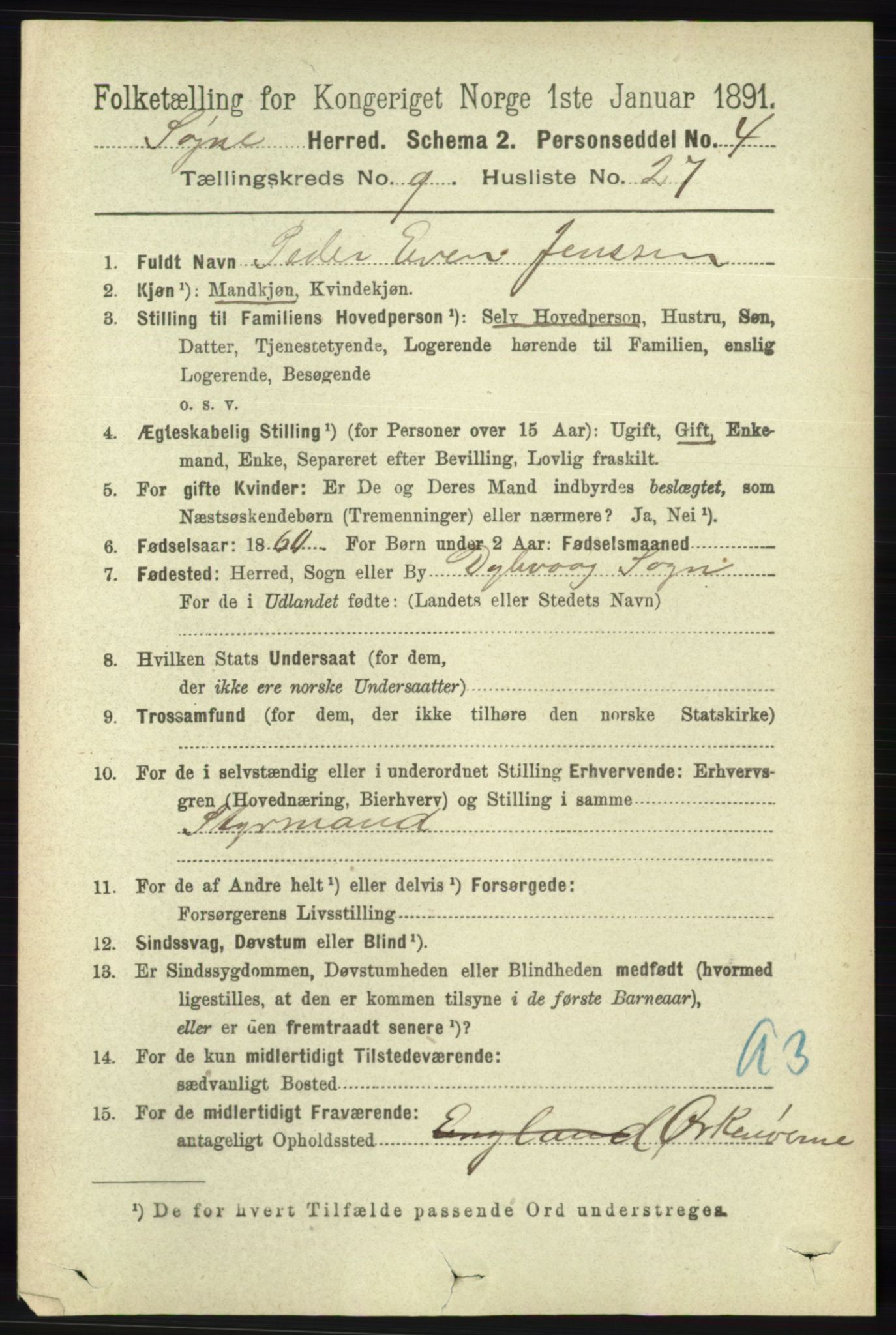 RA, 1891 census for 1018 Søgne, 1891, p. 2672