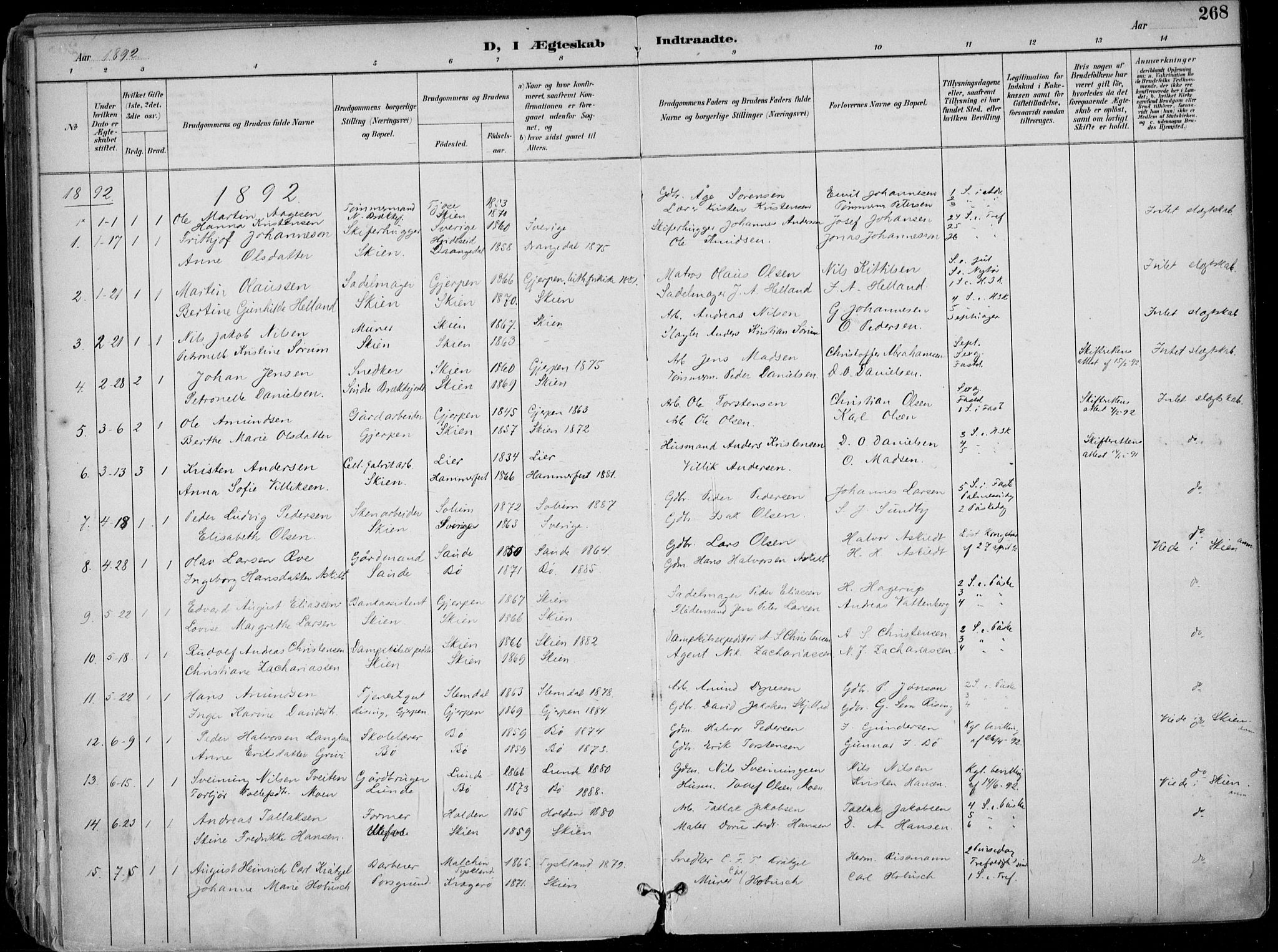 Skien kirkebøker, SAKO/A-302/F/Fa/L0010: Parish register (official) no. 10, 1891-1899, p. 268