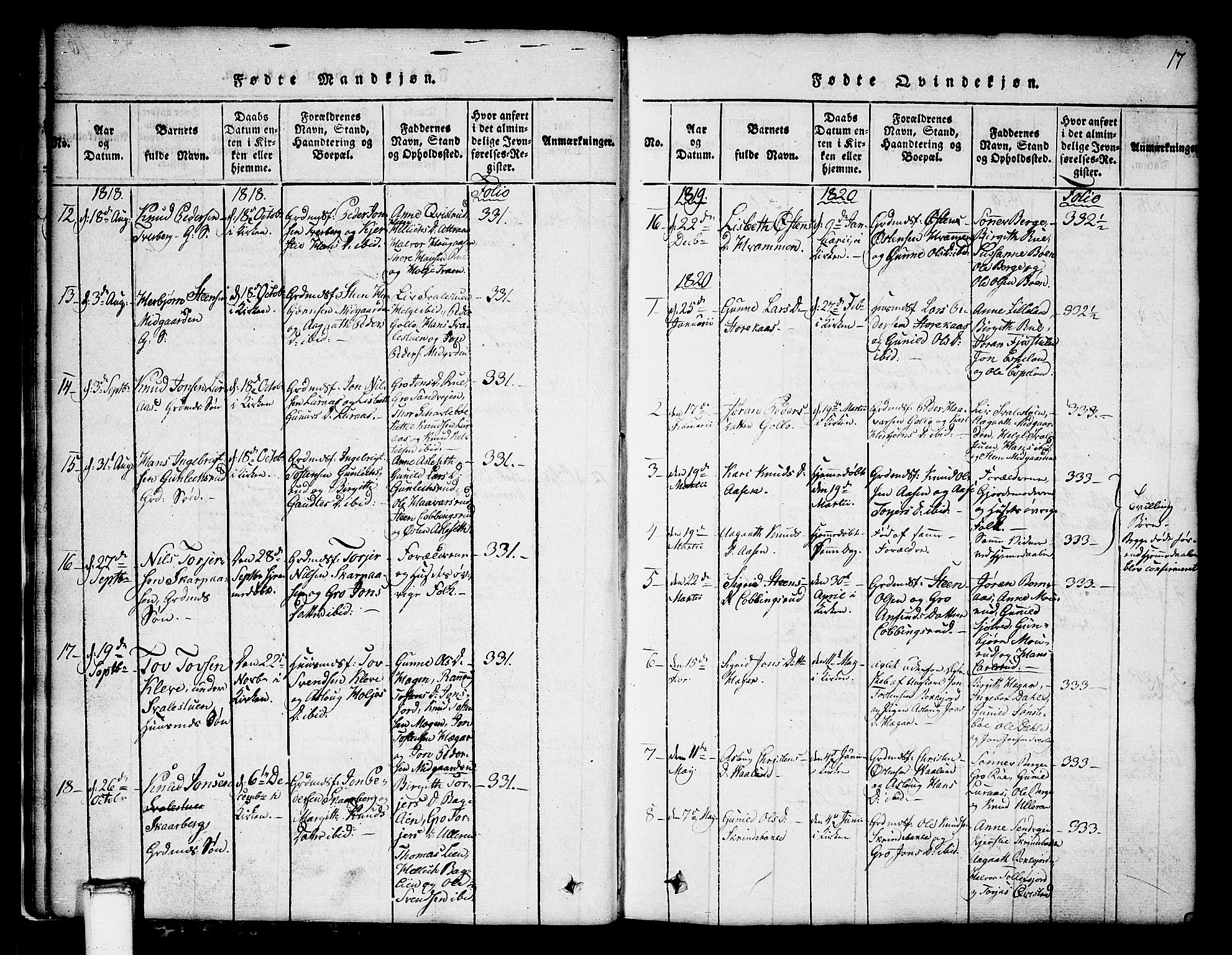 Tinn kirkebøker, SAKO/A-308/G/Ga/L0001: Parish register (copy) no. I 1, 1815-1850, p. 17