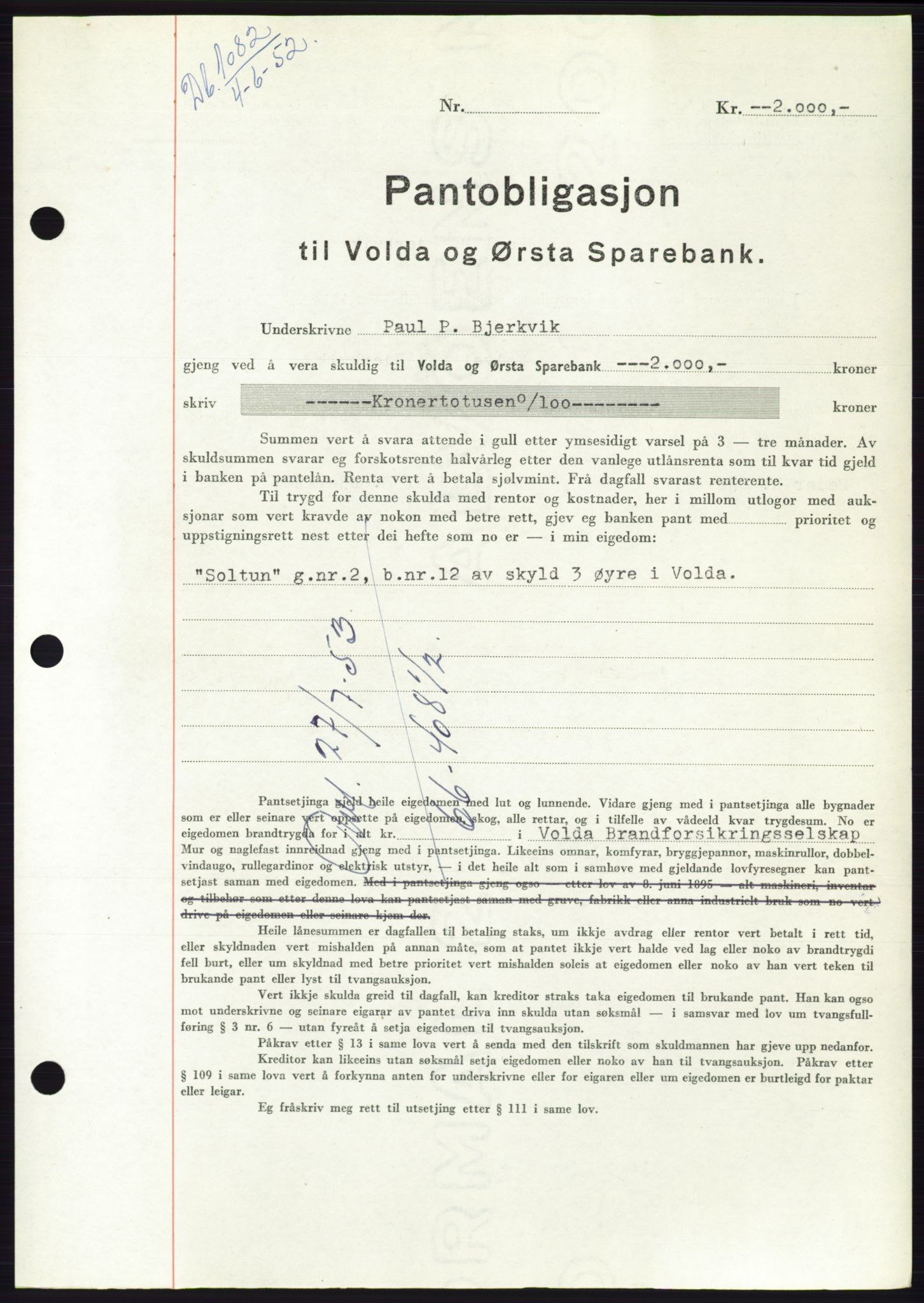 Søre Sunnmøre sorenskriveri, AV/SAT-A-4122/1/2/2C/L0121: Mortgage book no. 9B, 1951-1952, Diary no: : 1082/1952