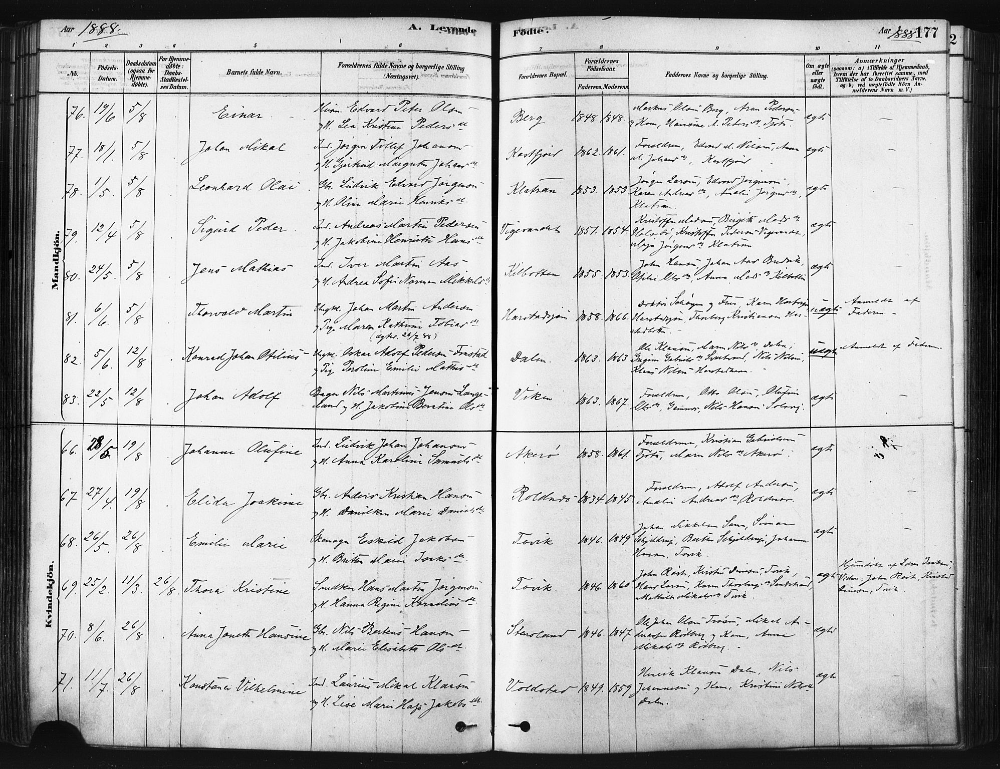 Trondenes sokneprestkontor, SATØ/S-1319/H/Ha/L0014kirke: Parish register (official) no. 14, 1878-1889, p. 177