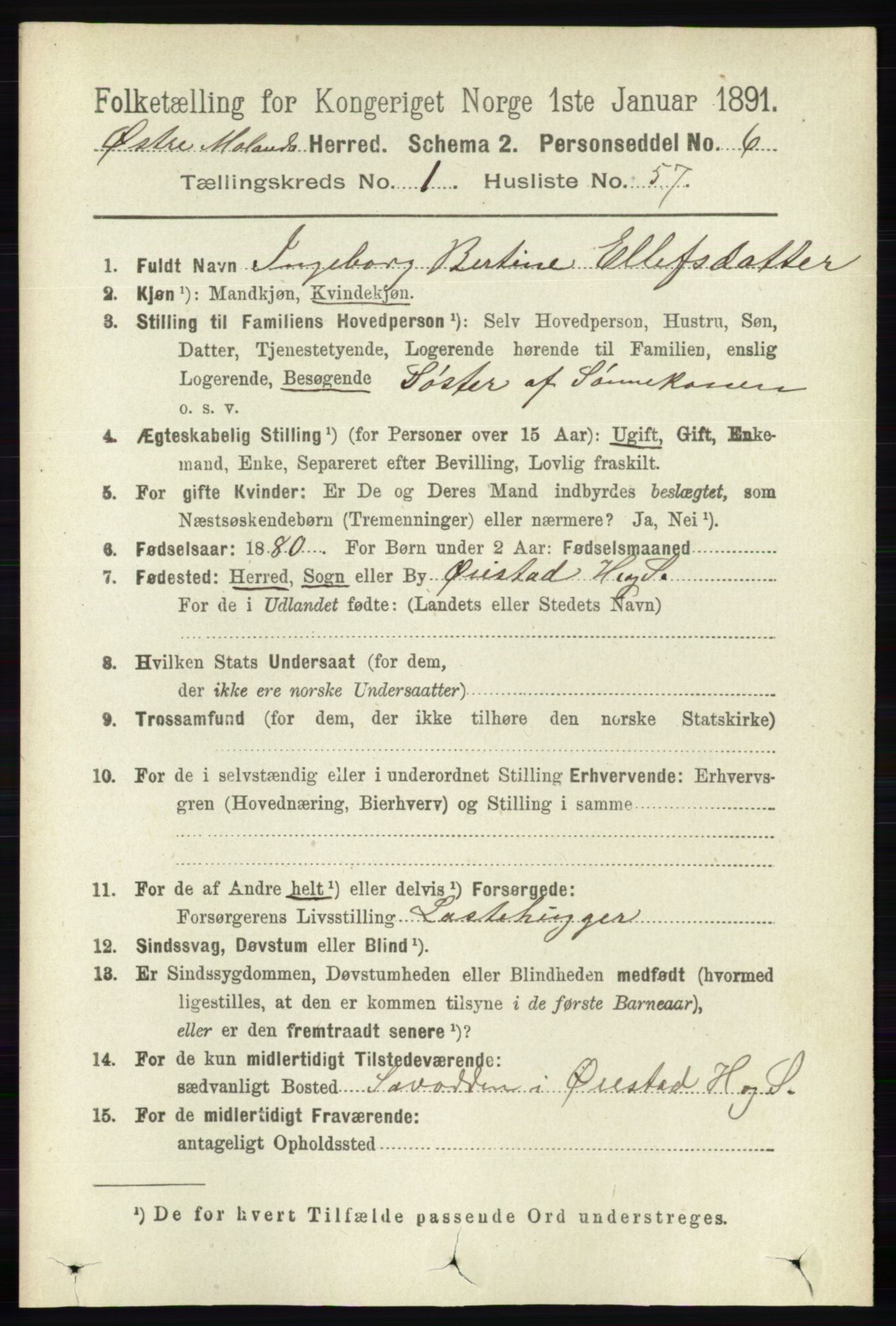 RA, 1891 census for 0918 Austre Moland, 1891, p. 485