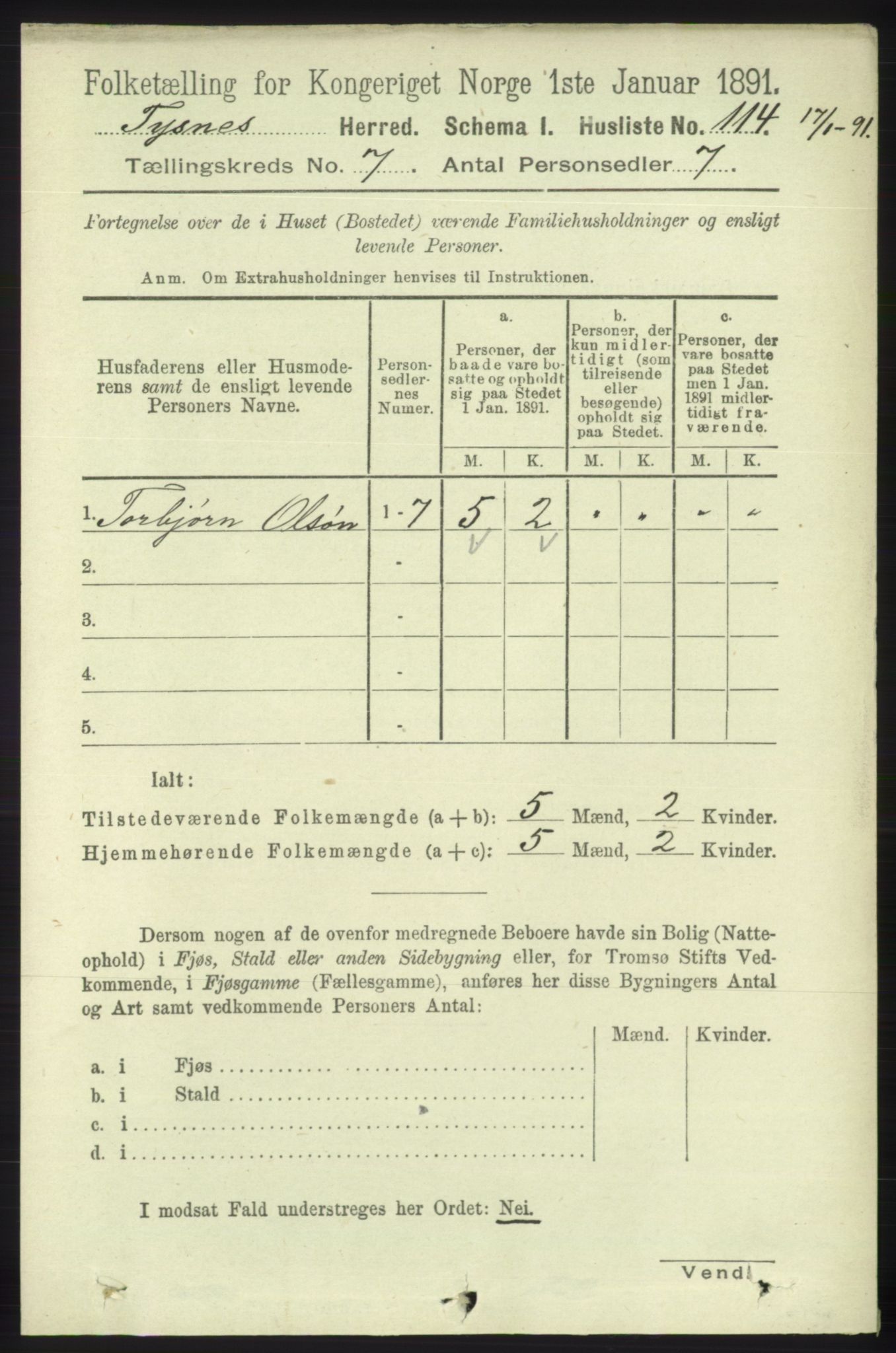 RA, 1891 census for 1223 Tysnes, 1891, p. 2876