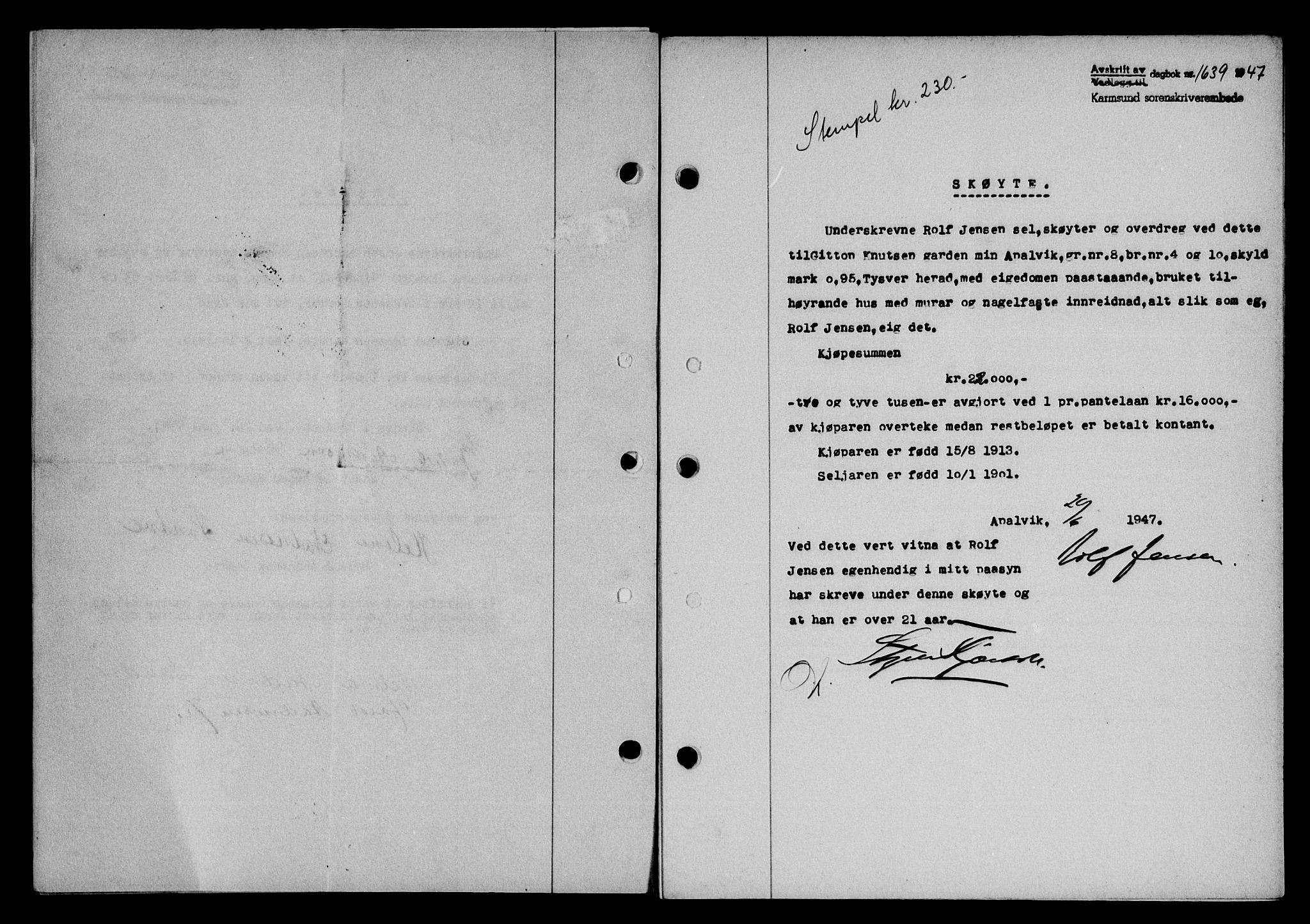 Karmsund sorenskriveri, SAST/A-100311/01/II/IIB/L0090: Mortgage book no. 70A, 1947-1947, Diary no: : 1639/1947
