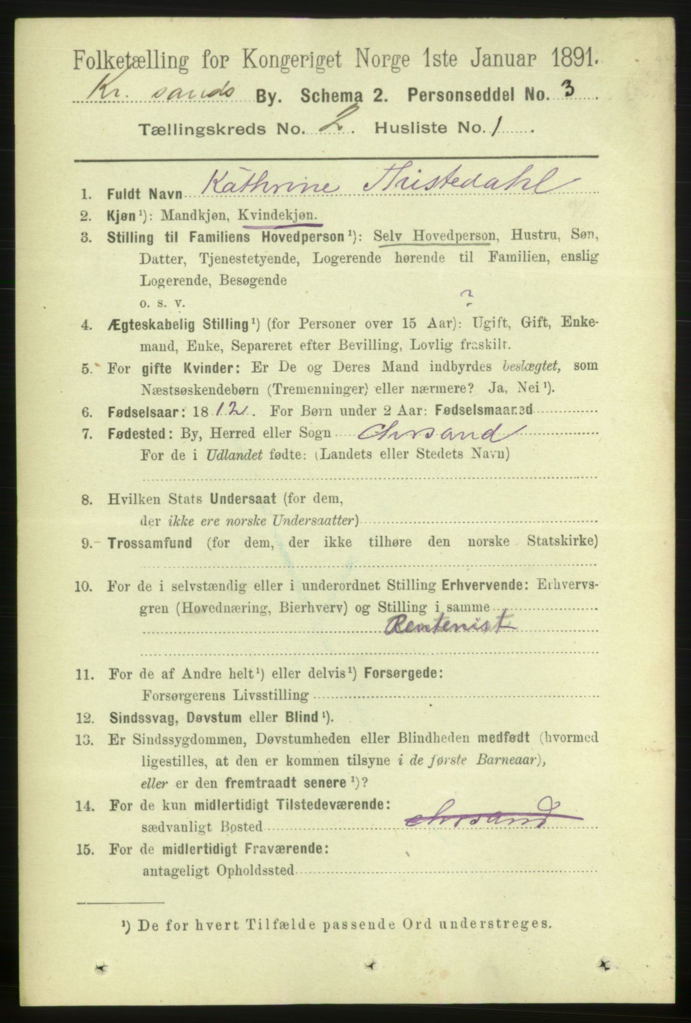 RA, 1891 census for 1001 Kristiansand, 1891, p. 3188