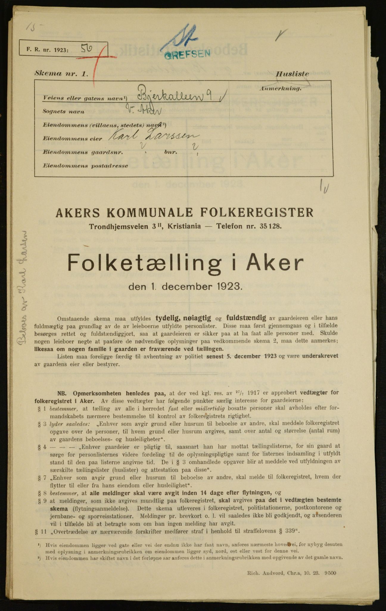 , Municipal Census 1923 for Aker, 1923, p. 7781