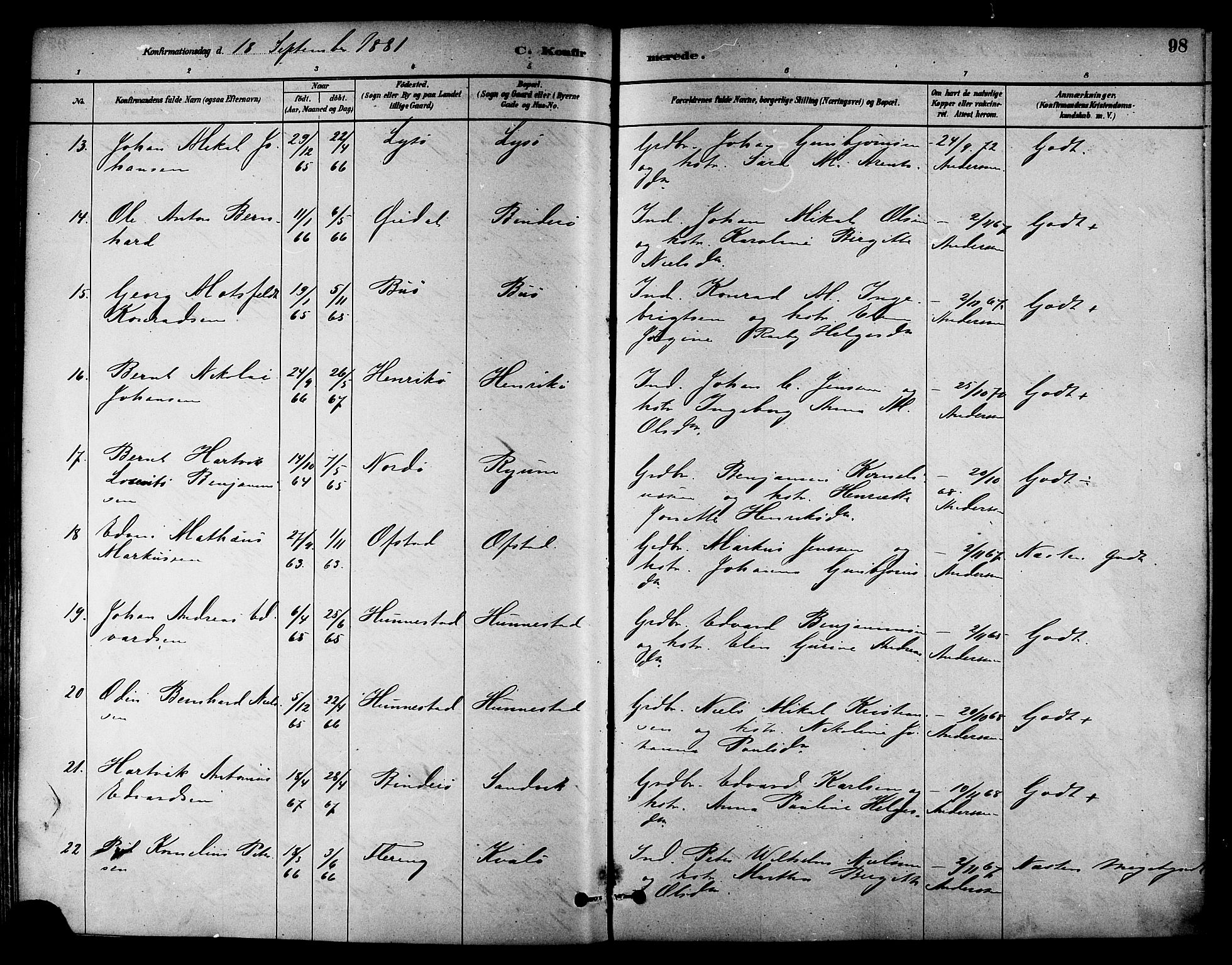 Ministerialprotokoller, klokkerbøker og fødselsregistre - Nord-Trøndelag, SAT/A-1458/786/L0686: Parish register (official) no. 786A02, 1880-1887, p. 98