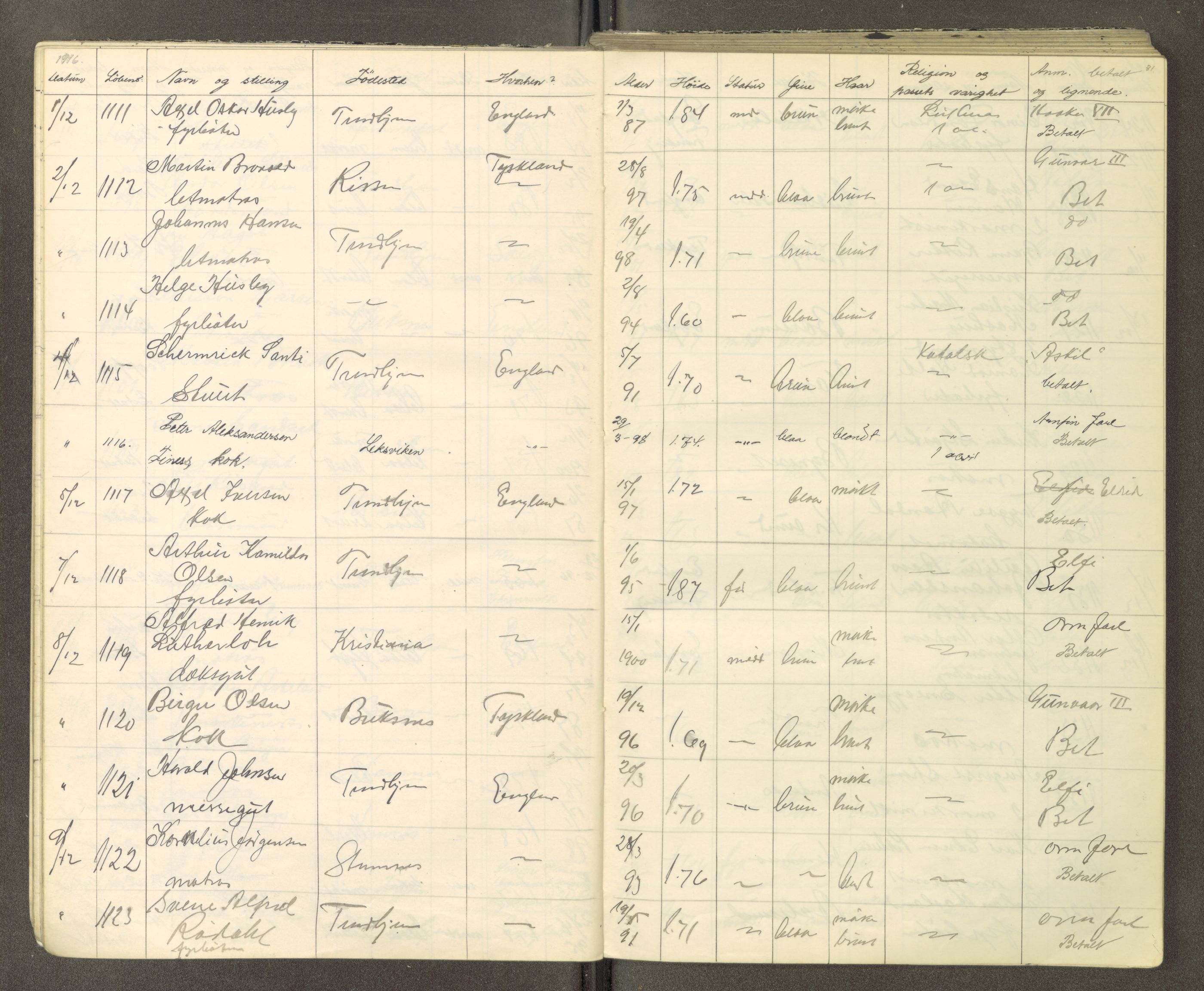 Trondheim politikammer, AV/SAT-A-1887/1/30/L0015: Passprotokoll. Utstedte pass, 1916-1918, p. 31