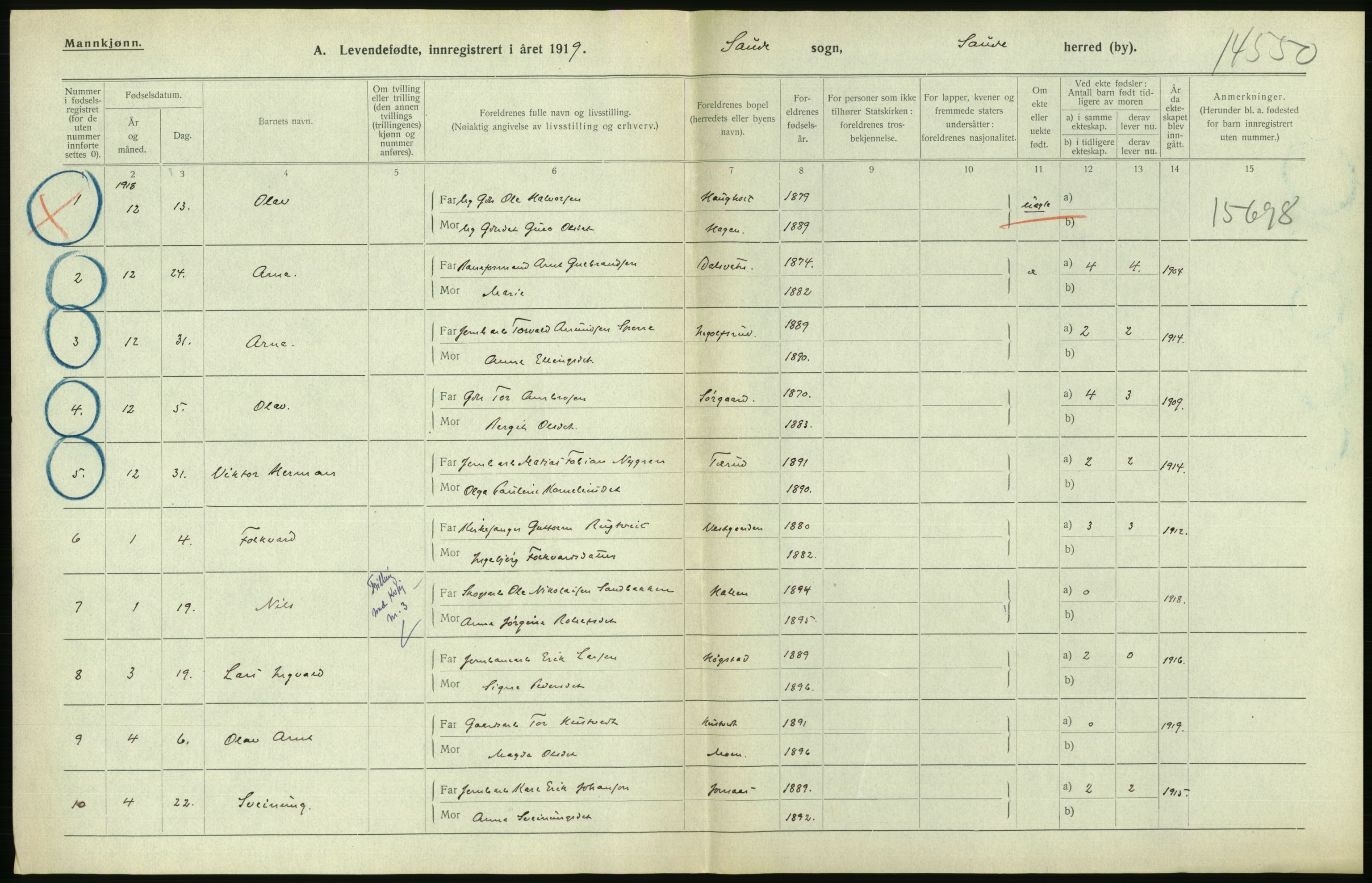Statistisk sentralbyrå, Sosiodemografiske emner, Befolkning, AV/RA-S-2228/D/Df/Dfb/Dfbi/L0021: Telemark fylke: Levendefødte menn og kvinner. Bygder., 1919, p. 370