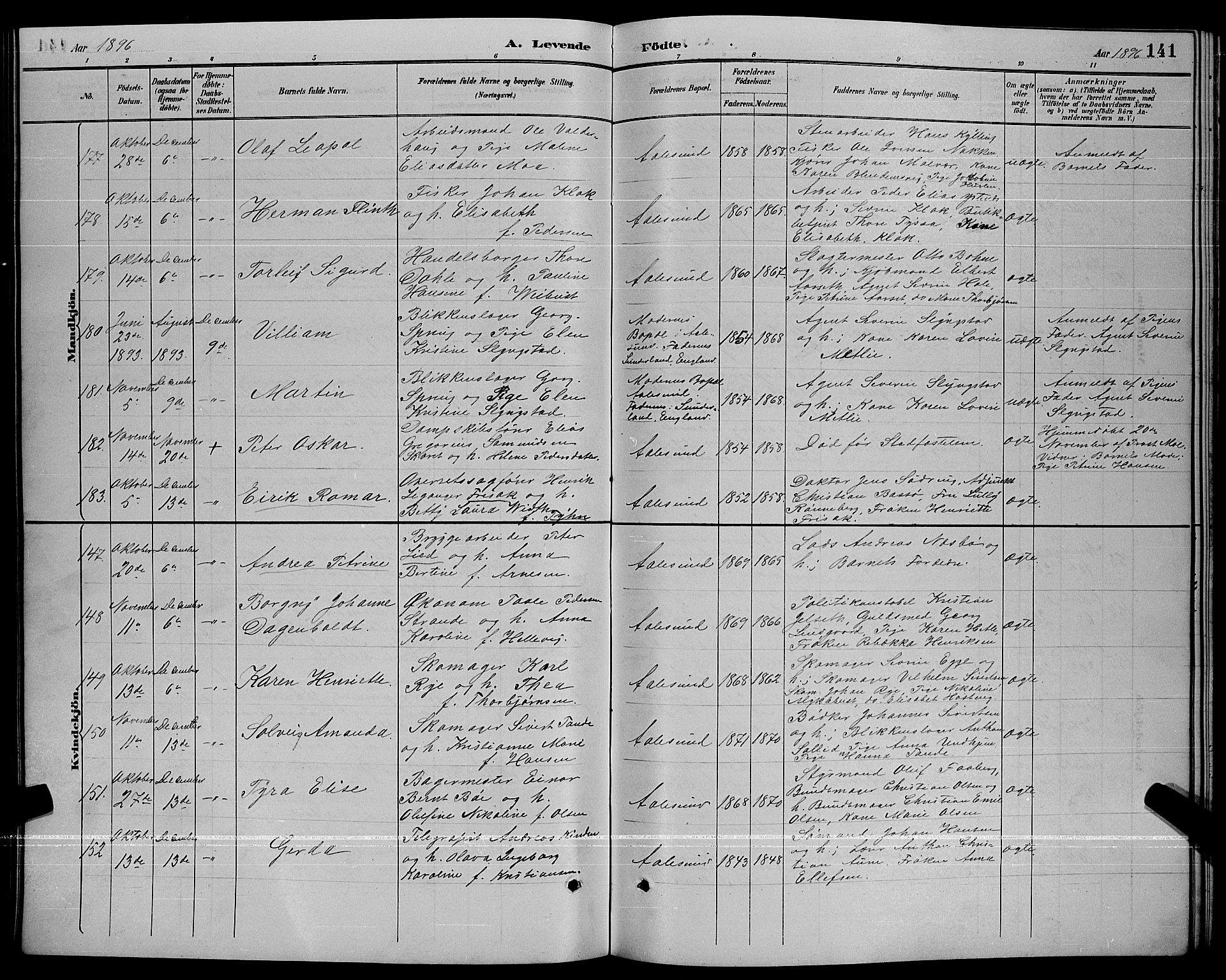 Ministerialprotokoller, klokkerbøker og fødselsregistre - Møre og Romsdal, AV/SAT-A-1454/529/L0467: Parish register (copy) no. 529C04, 1889-1897, p. 141