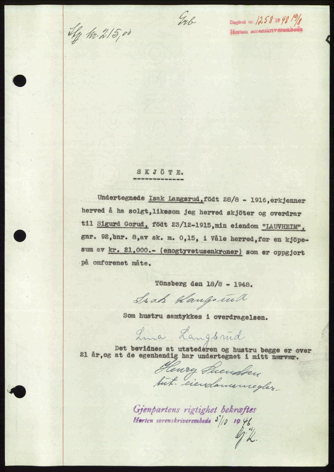 Horten sorenskriveri, AV/SAKO-A-133/G/Ga/Gaa/L0010: Mortgage book no. A-10, 1947-1948, Diary no: : 1258/1948