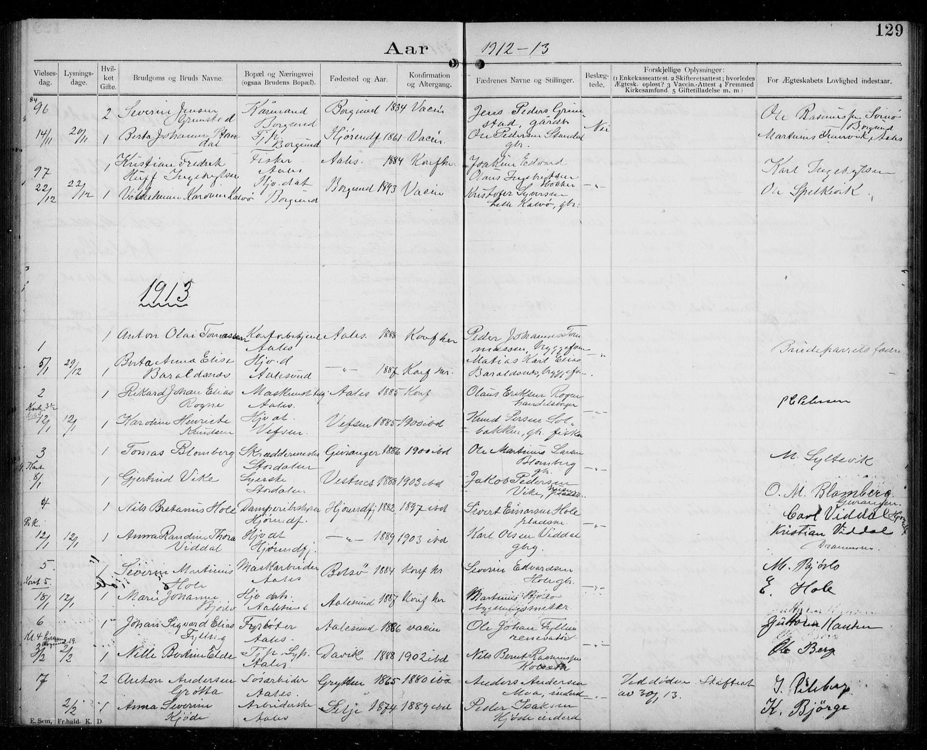 Ministerialprotokoller, klokkerbøker og fødselsregistre - Møre og Romsdal, AV/SAT-A-1454/529/L0458: Banns register no. 529A08, 1901-1918, p. 129