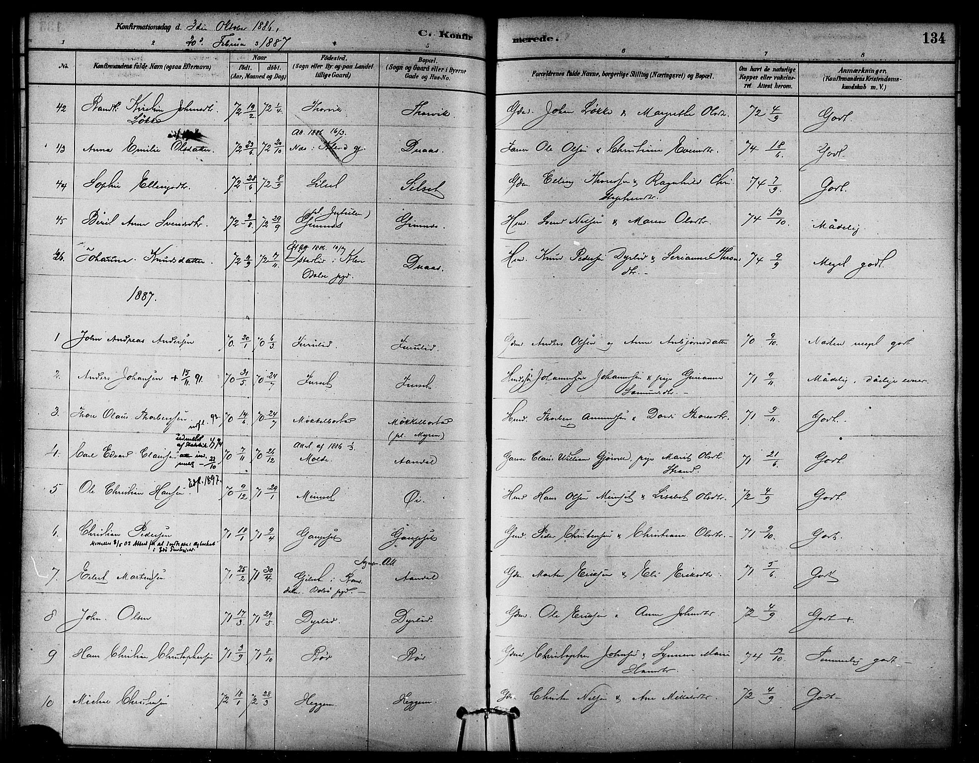 Ministerialprotokoller, klokkerbøker og fødselsregistre - Møre og Romsdal, SAT/A-1454/584/L0967: Parish register (official) no. 584A07, 1879-1894, p. 134