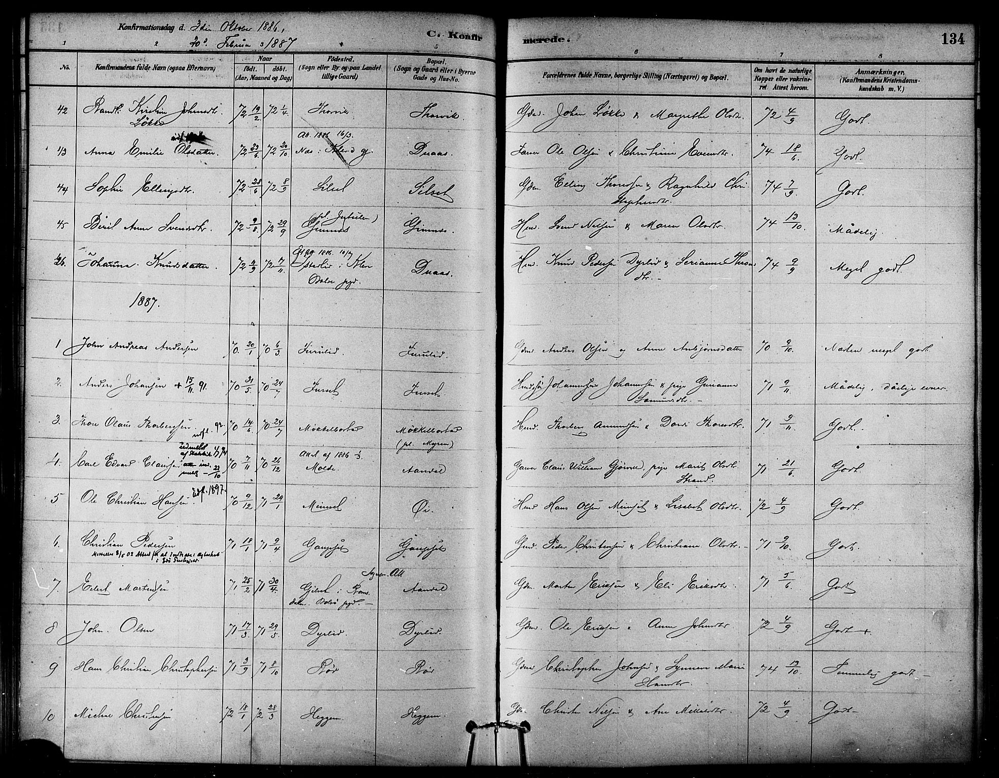 Ministerialprotokoller, klokkerbøker og fødselsregistre - Møre og Romsdal, AV/SAT-A-1454/584/L0967: Parish register (official) no. 584A07, 1879-1894, p. 134