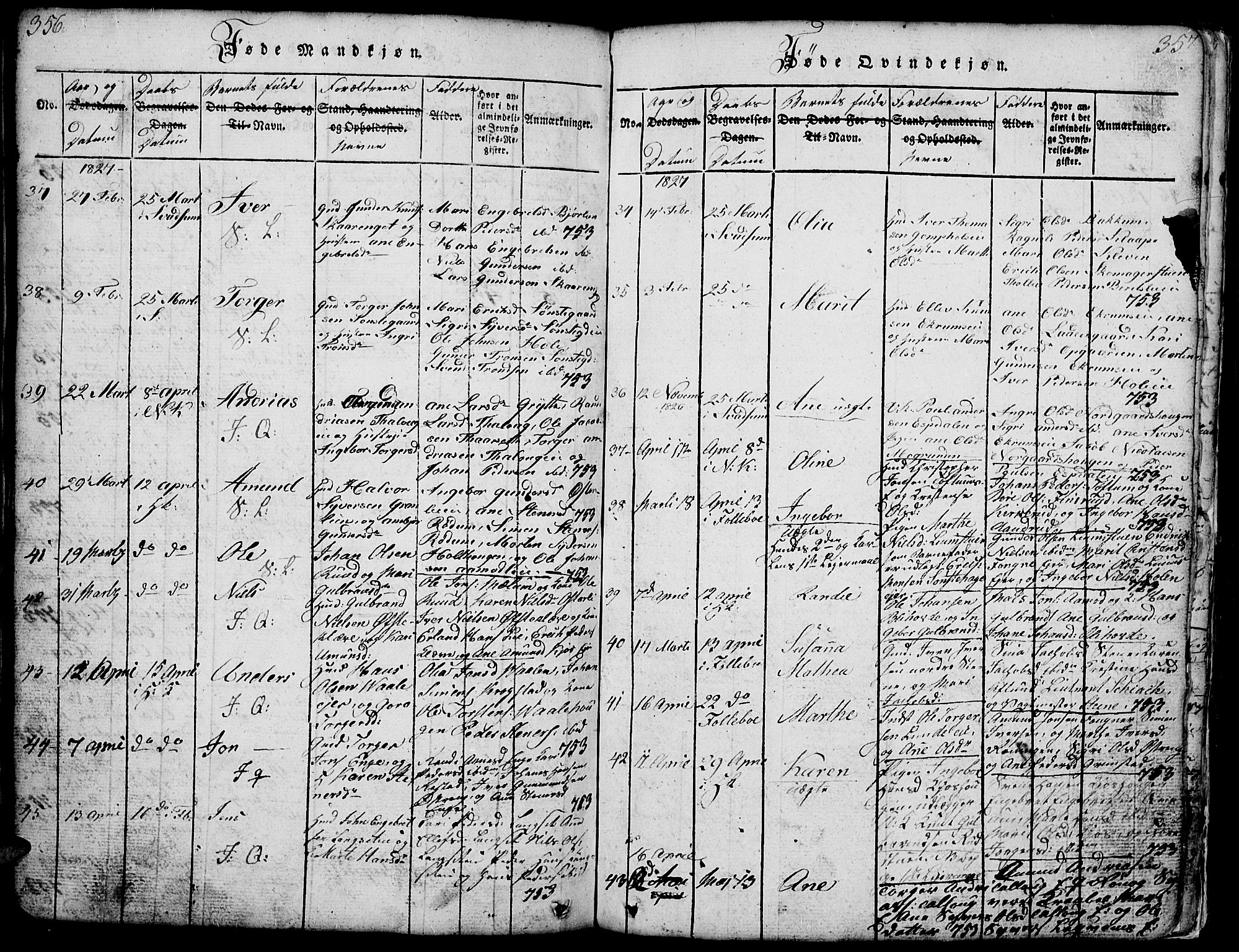 Gausdal prestekontor, AV/SAH-PREST-090/H/Ha/Hab/L0001: Parish register (copy) no. 1, 1817-1848, p. 356-357