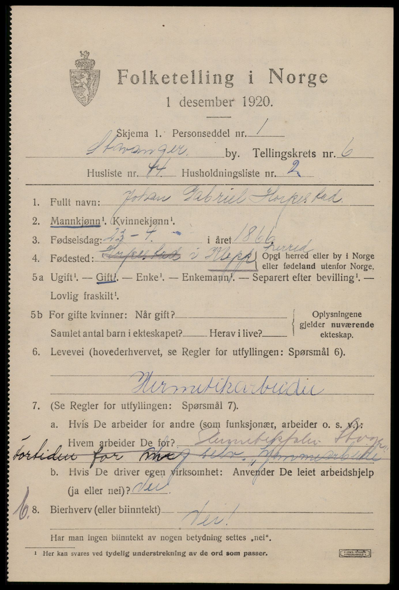 SAST, 1920 census for Stavanger, 1920, p. 43132