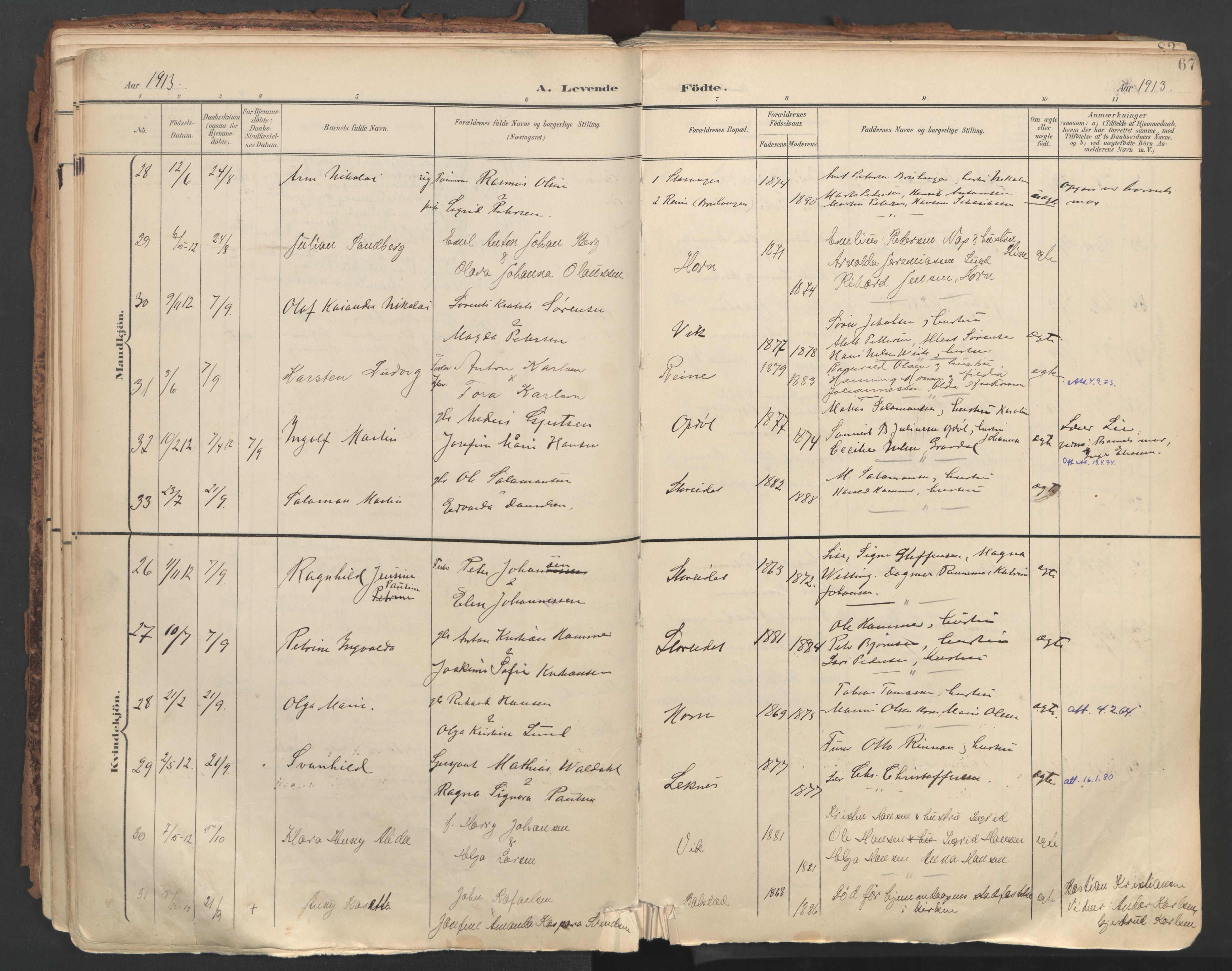 Ministerialprotokoller, klokkerbøker og fødselsregistre - Nordland, AV/SAT-A-1459/881/L1154: Parish register (official) no. 881A07, 1907-1918, p. 67