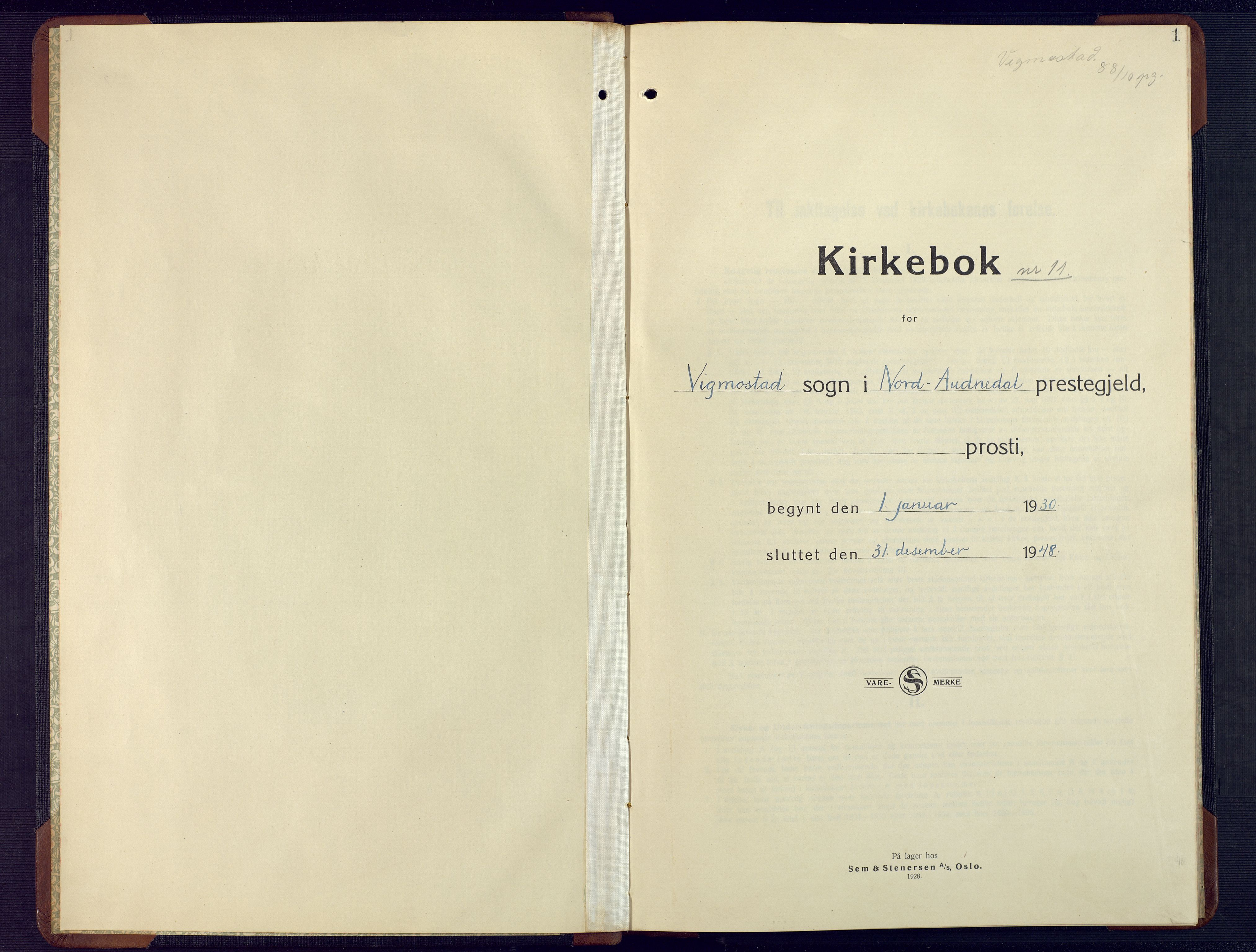 Nord-Audnedal sokneprestkontor, AV/SAK-1111-0032/F/Fb/Fbb/L0006: Parish register (copy) no. B 6, 1930-1948, p. 0-1