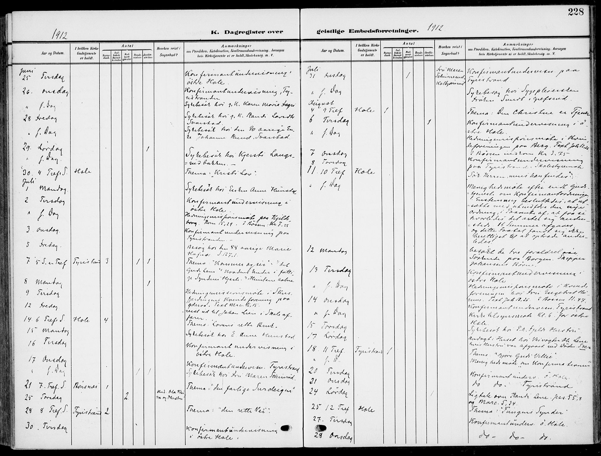 Hole kirkebøker, AV/SAKO-A-228/F/Fa/L0010: Parish register (official) no. I 10, 1907-1917, p. 228