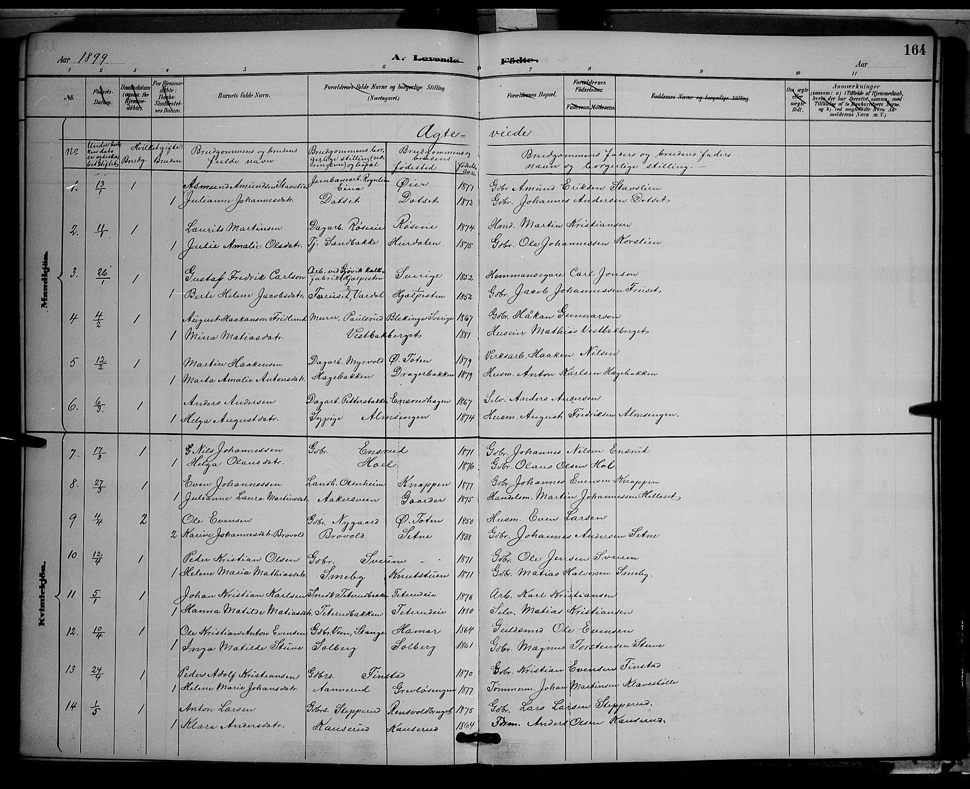 Vestre Toten prestekontor, SAH/PREST-108/H/Ha/Hab/L0009: Parish register (copy) no. 9, 1888-1900, p. 164