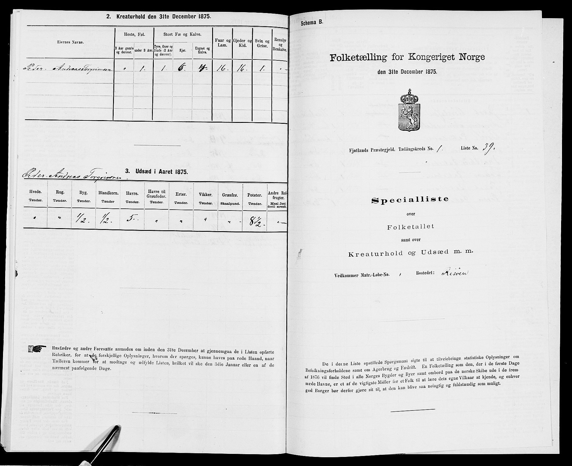 SAK, 1875 census for 1036P Fjotland, 1875, p. 110