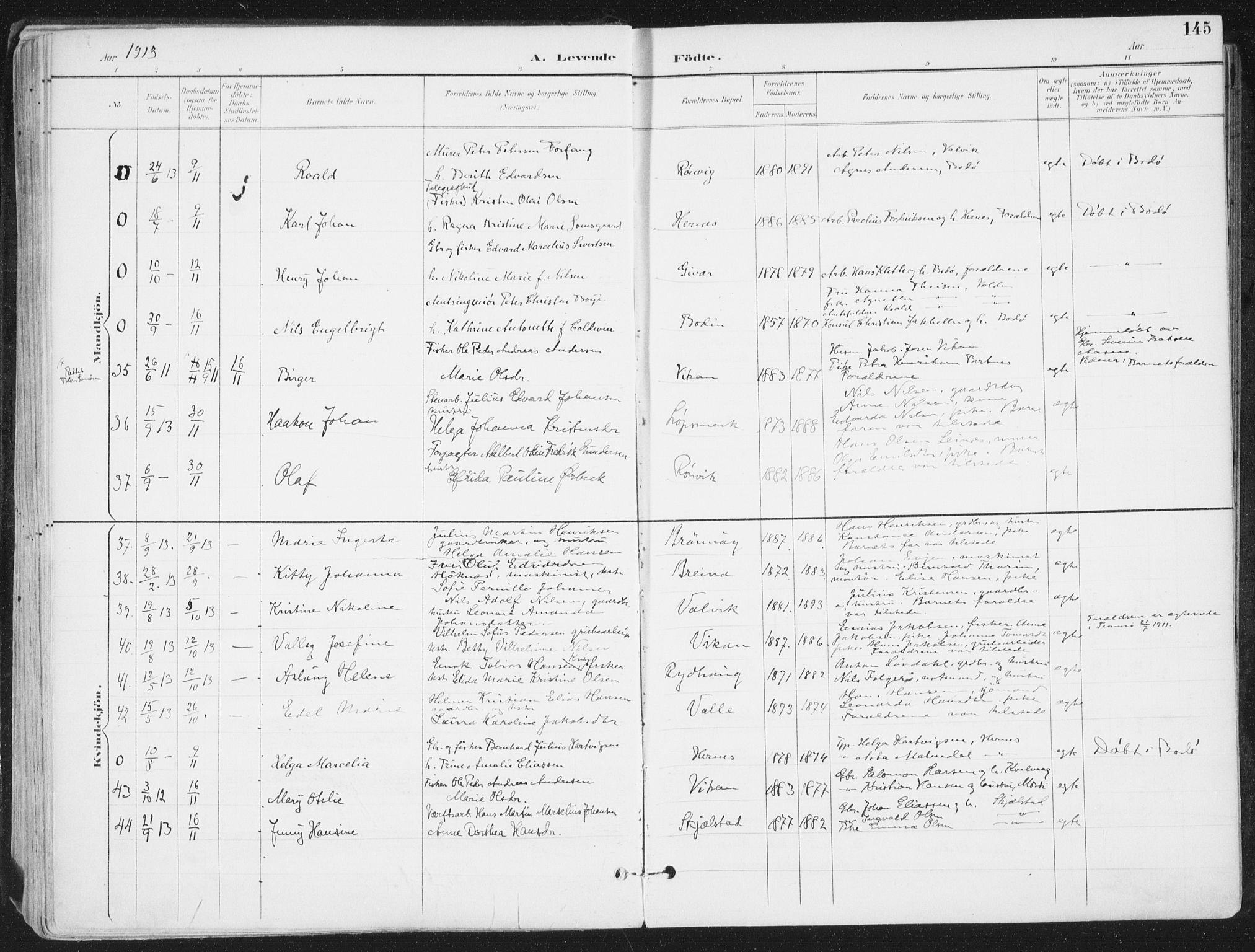 Ministerialprotokoller, klokkerbøker og fødselsregistre - Nordland, AV/SAT-A-1459/802/L0055: Parish register (official) no. 802A02, 1894-1915, p. 145