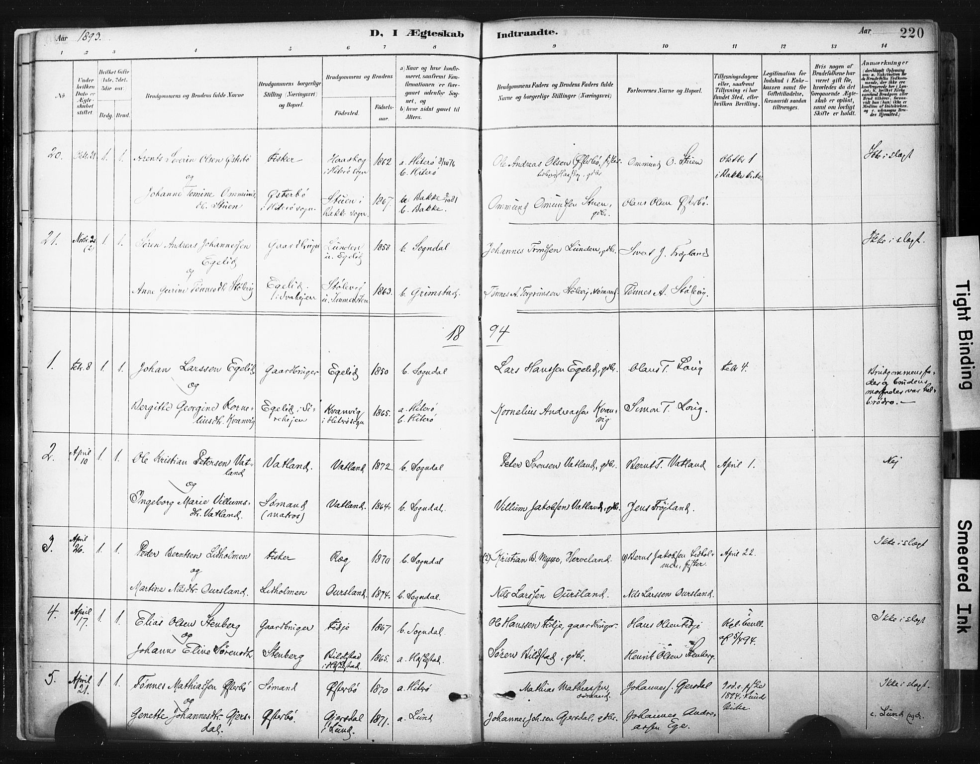 Sokndal sokneprestkontor, SAST/A-101808: Parish register (official) no. A 11.2, 1887-1905, p. 220