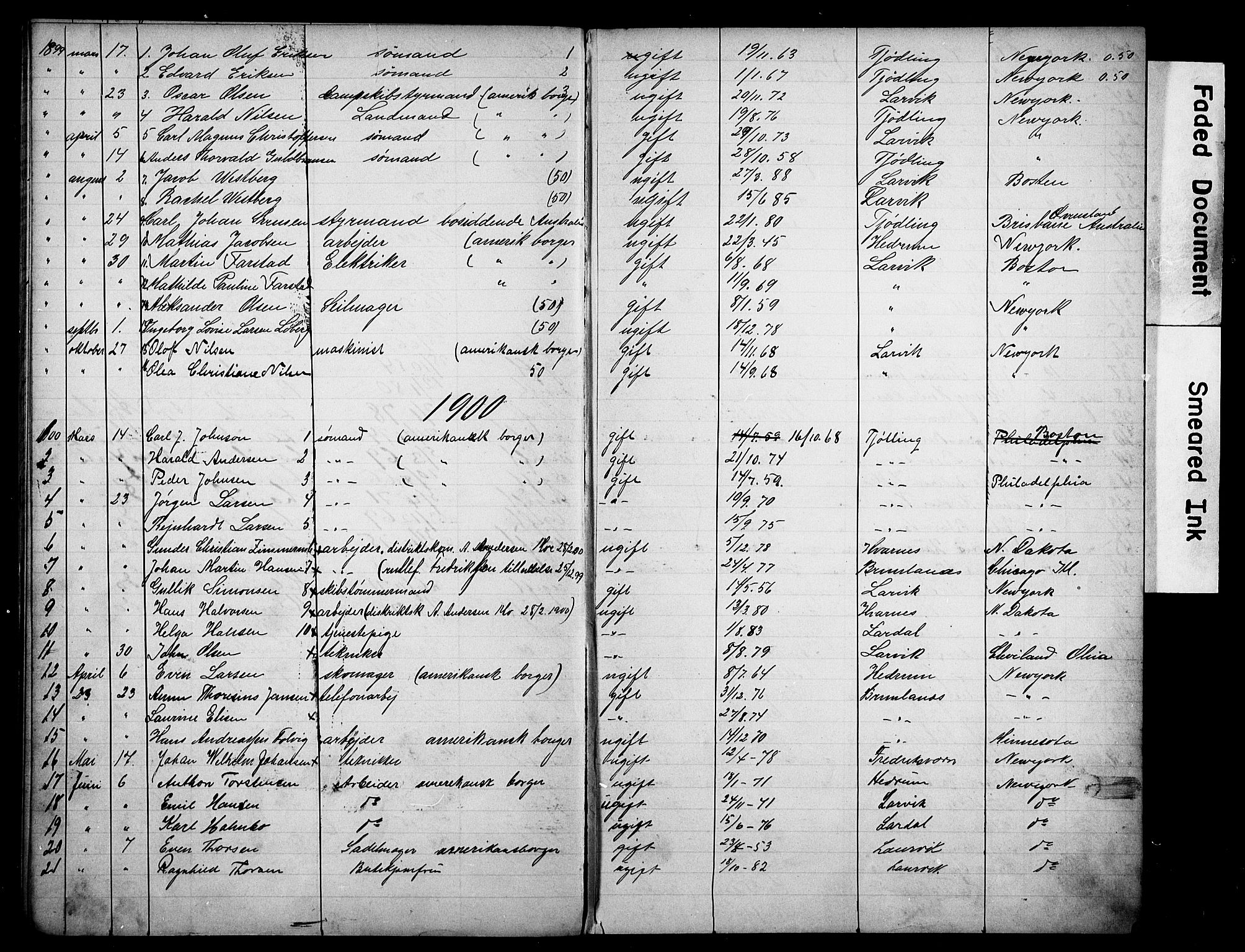 Larvik politikammer, AV/SAKO-A-738/I/Ia/Iaa/L0001: Reisekontroll. Emigrantprotokoll, 1887-1903