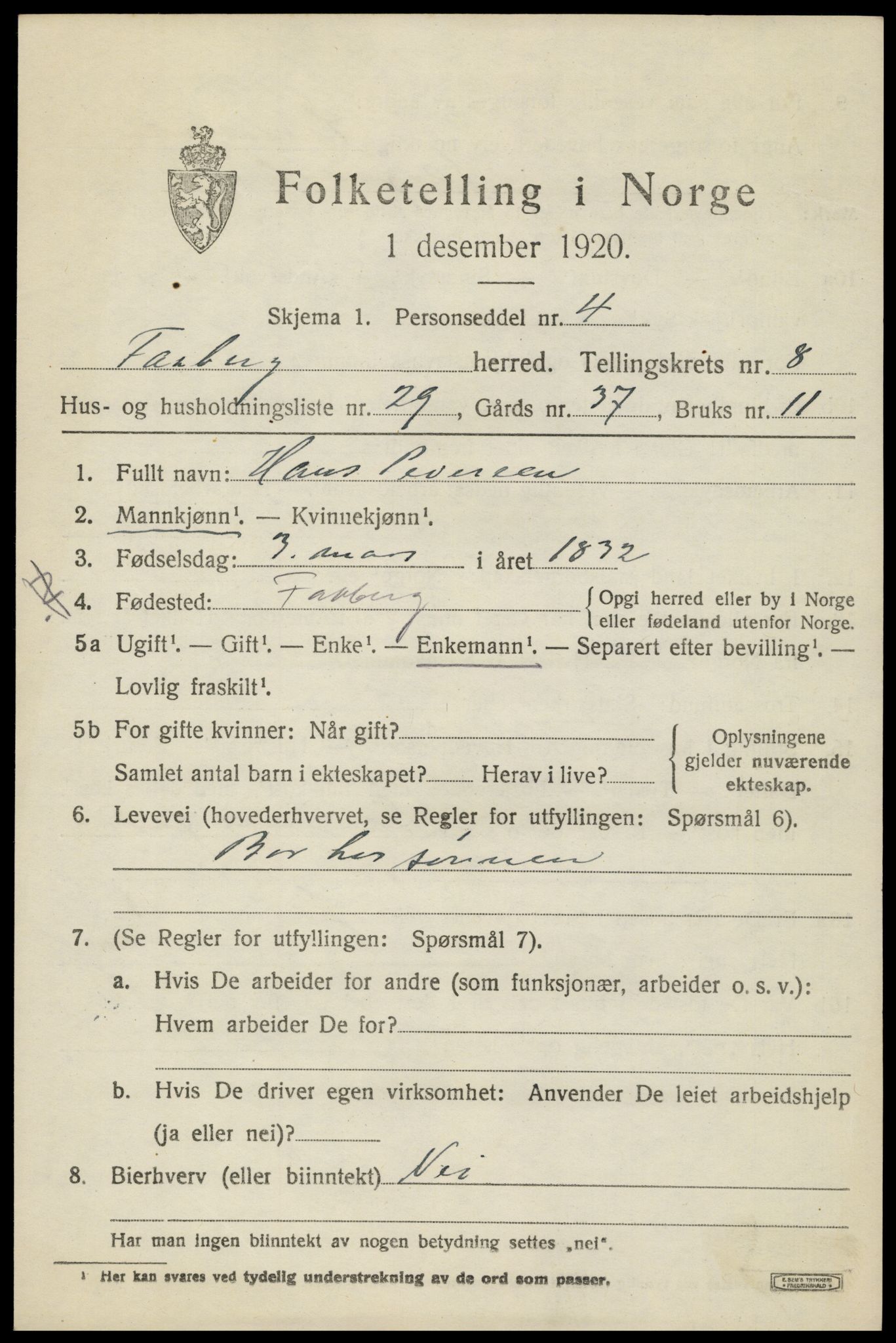 SAH, 1920 census for Fåberg, 1920, p. 9530