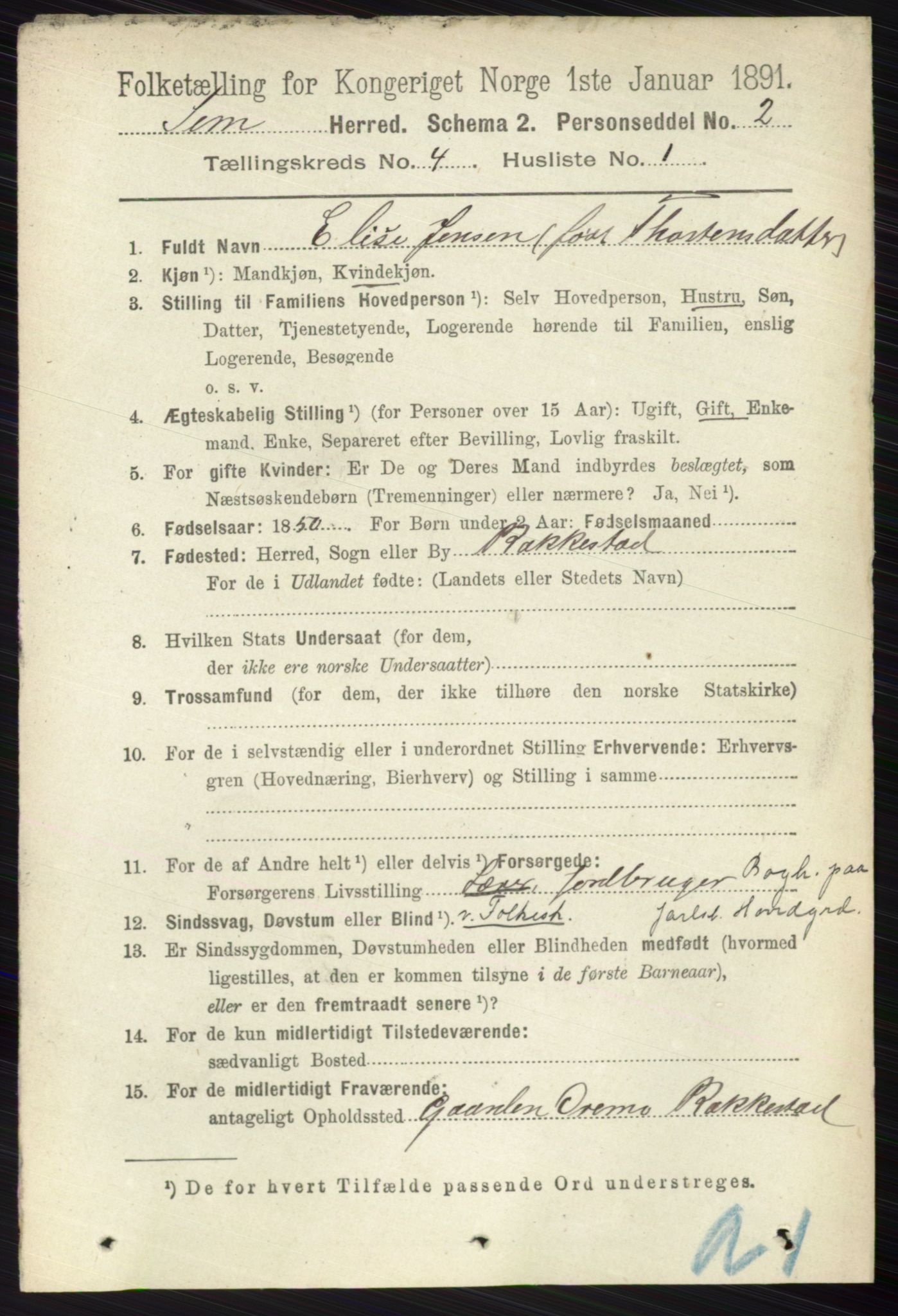 RA, 1891 census for 0721 Sem, 1891, p. 1541