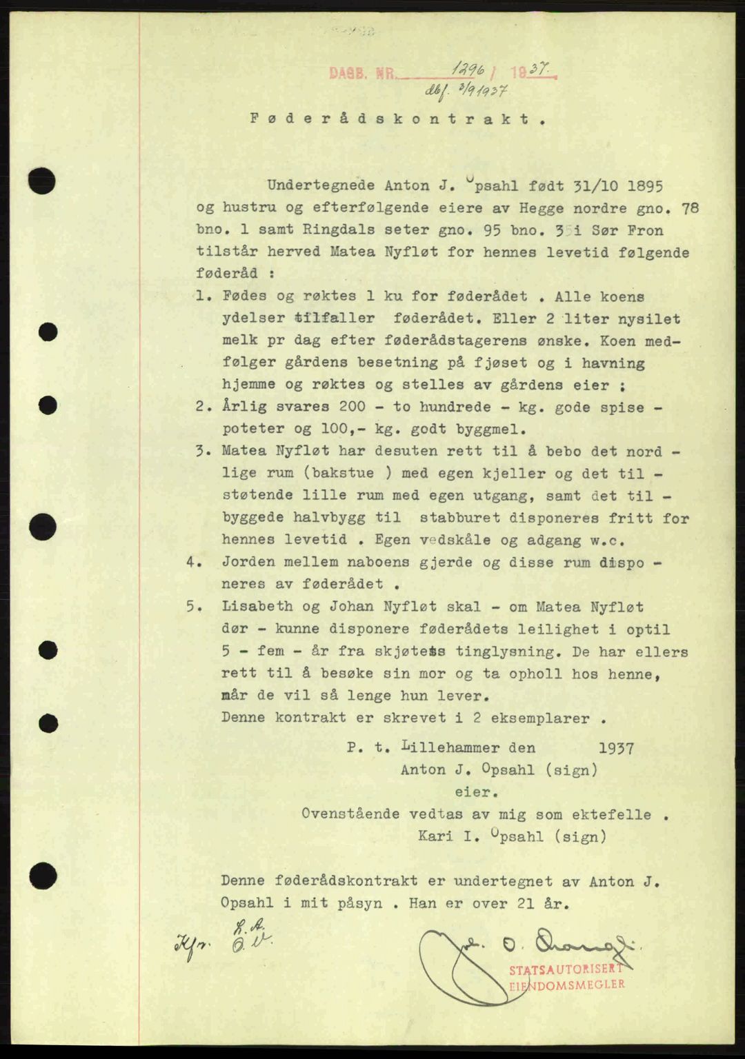 Sør-Gudbrandsdal tingrett, SAH/TING-004/H/Hb/Hbe/L0001: Mortgage book no. B1, 1936-1939, Diary no: : 1296/1937